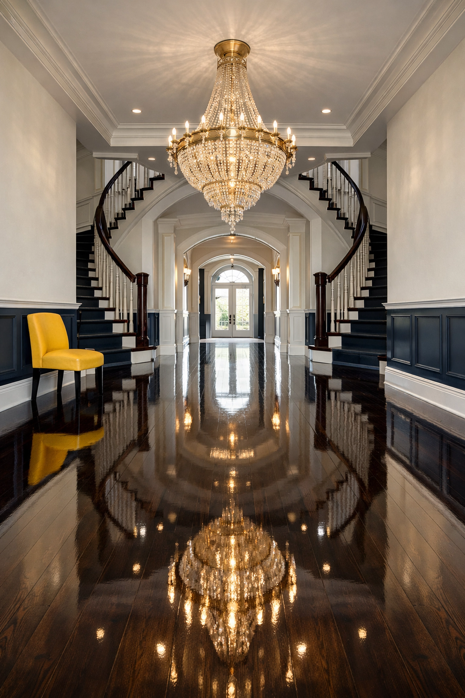 Grand entryway with reflective floors following a luxury residential cleaning Massachusetts visit.