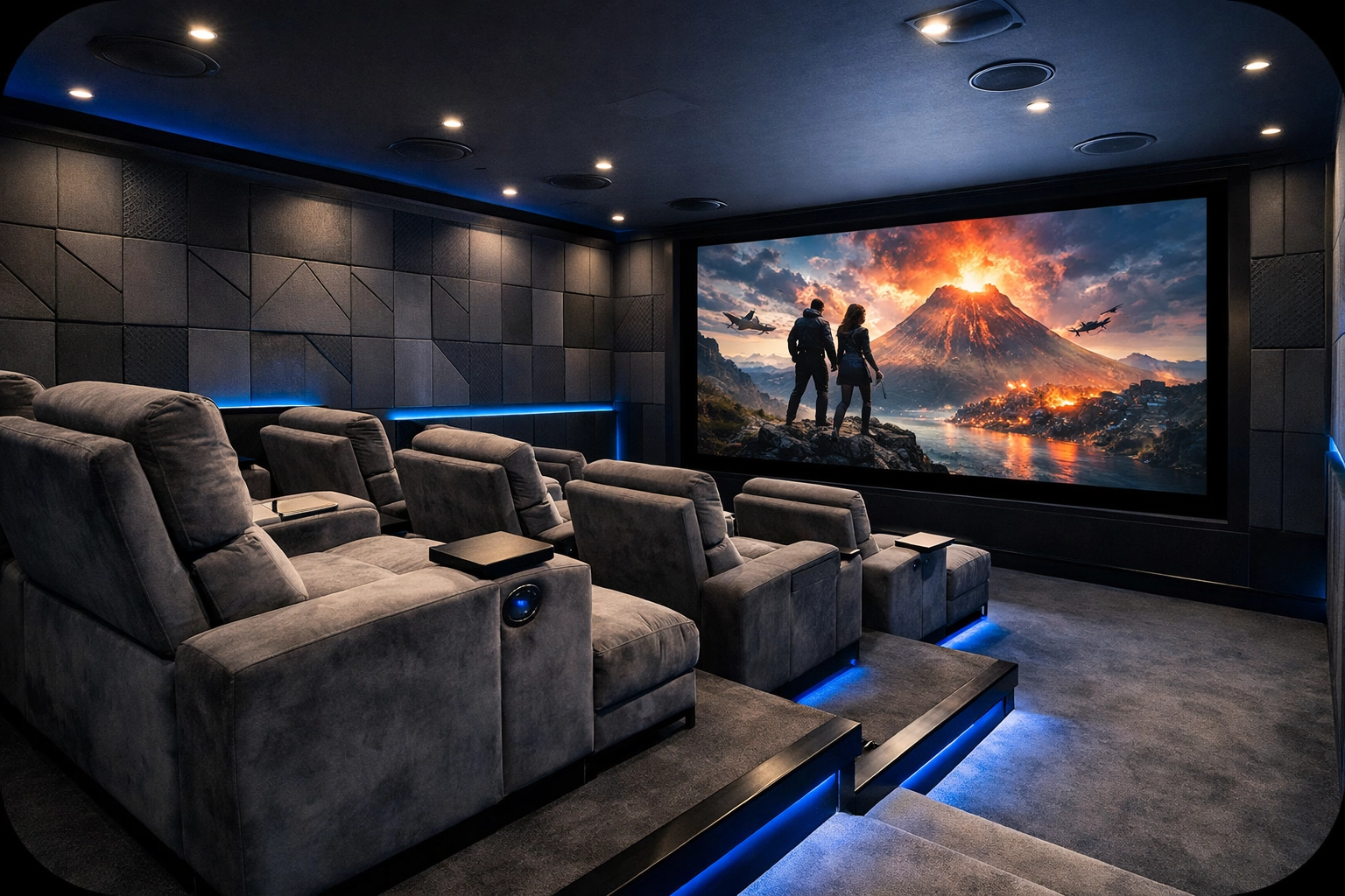 Luxury home cinema room with tiered seating and projection screen in London townhouse
