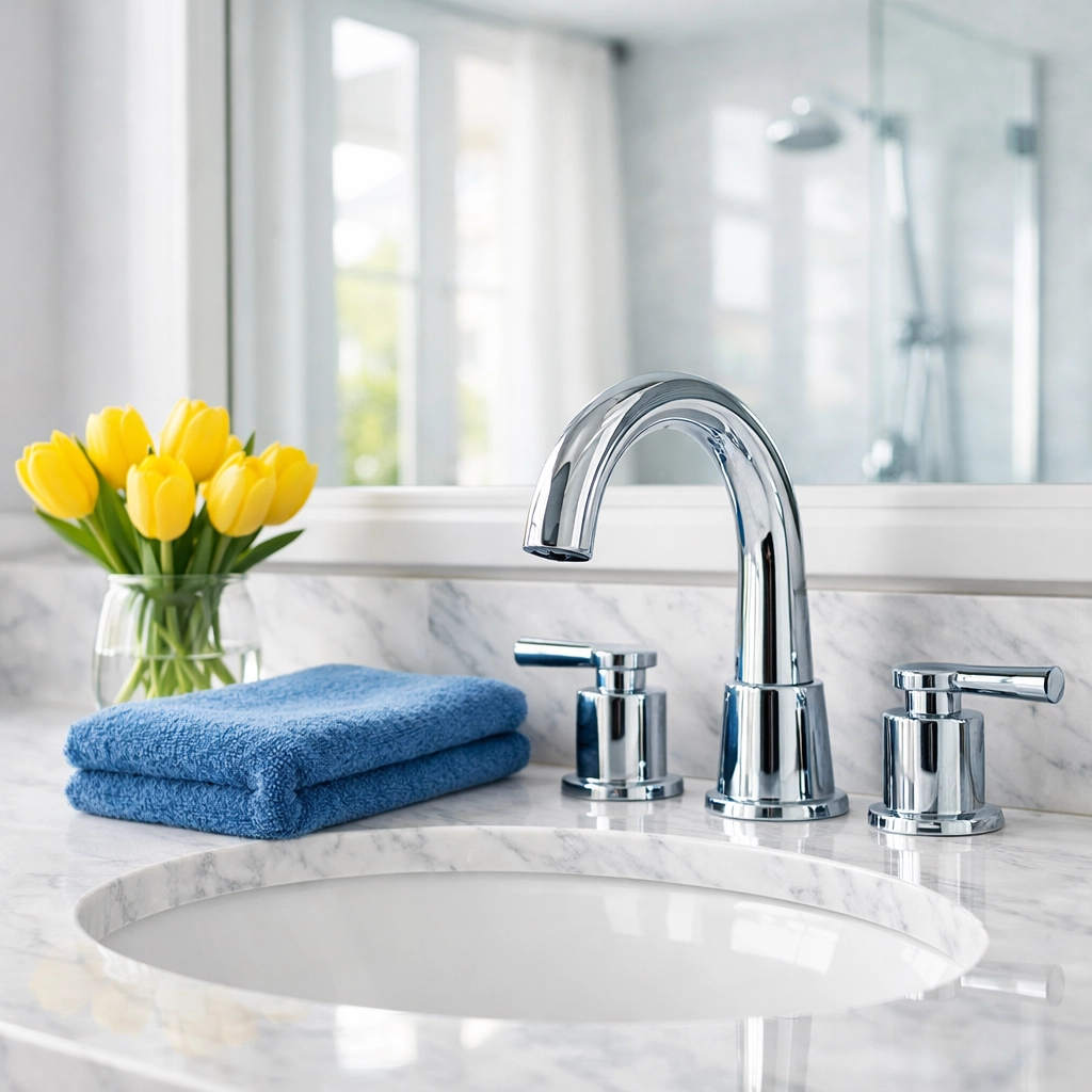 Deep cleaning services in Townsend MA showing a spotless bathroom with marble countertops and a streak-free mirror.