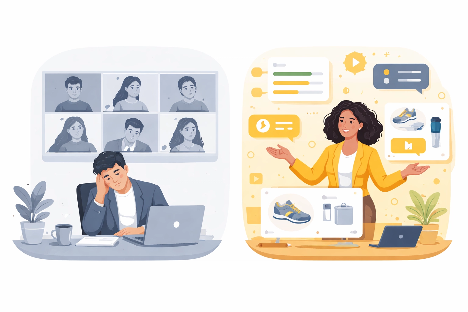 Comparison of static video calls versus interactive selling webinars with real-time engagement features