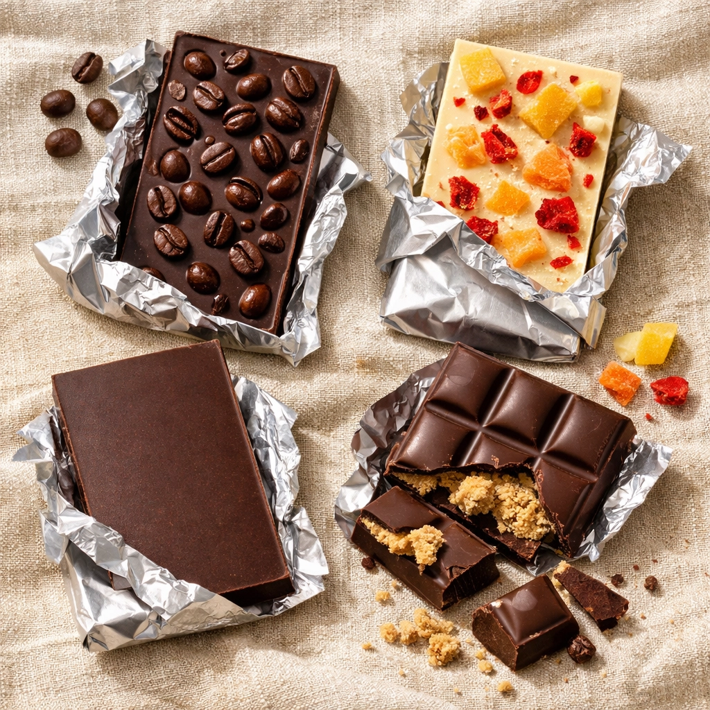 Collection of artisan chocolate bars with coffee, fruit, and halva fillings on linen fabric