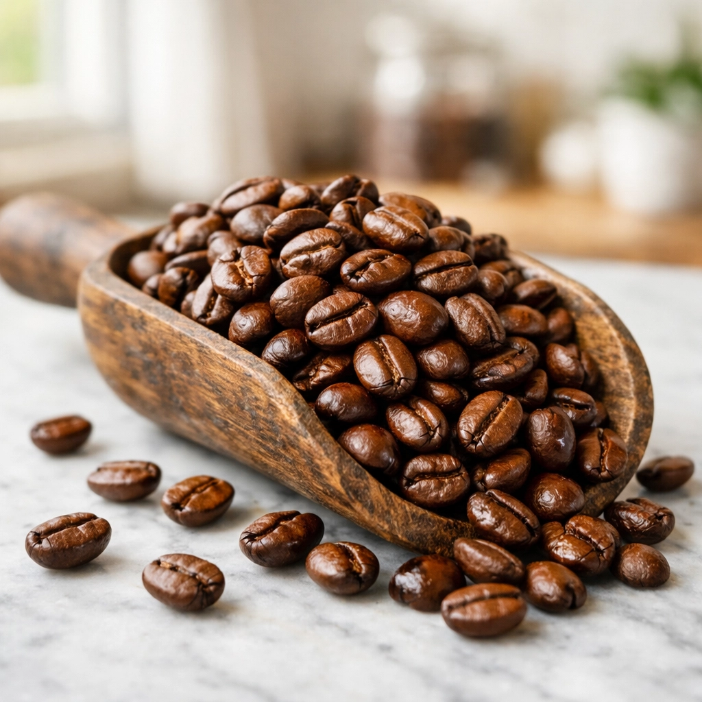 Freshly roasted speciality coffee beans in a wooden scoop ready for home grinding.