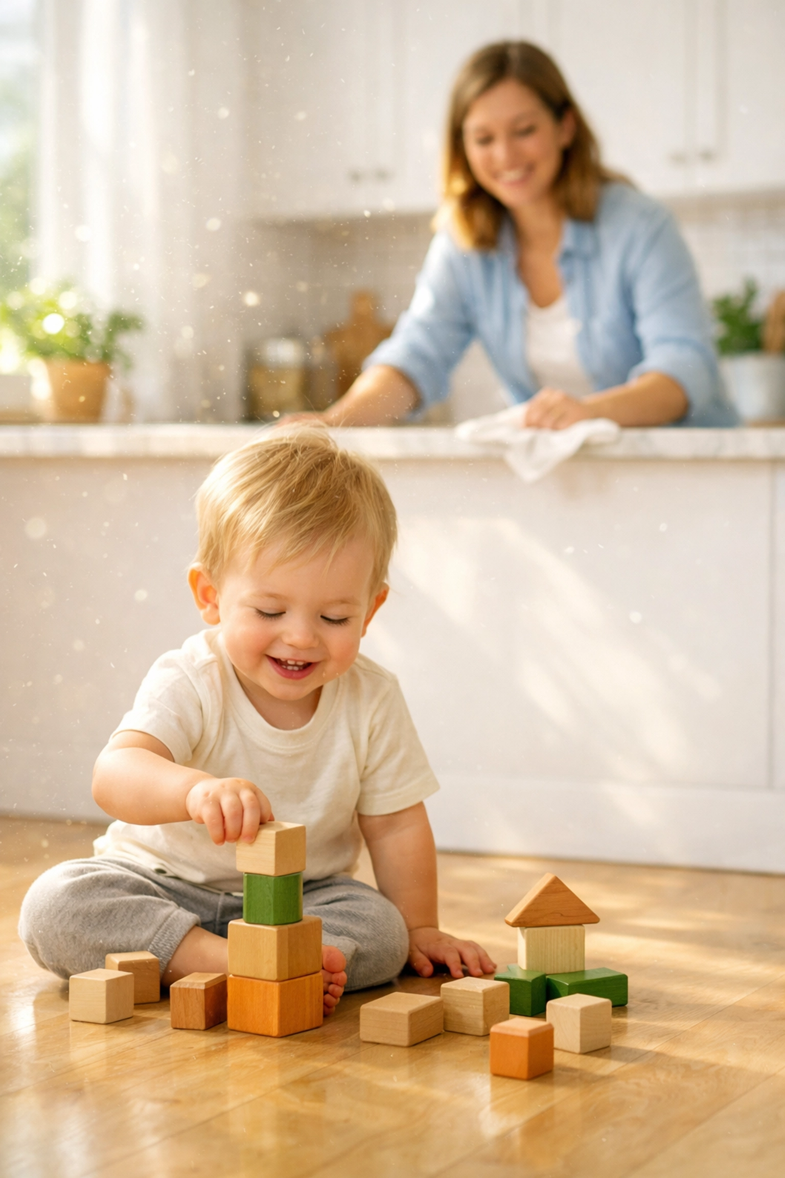 A toddler playing on a clean kitchen floor, showing the safety of a non-toxic home and family friendly products.