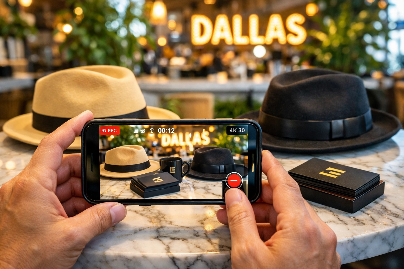 Creating social media video content of custom branded hats and business cards in Dallas.