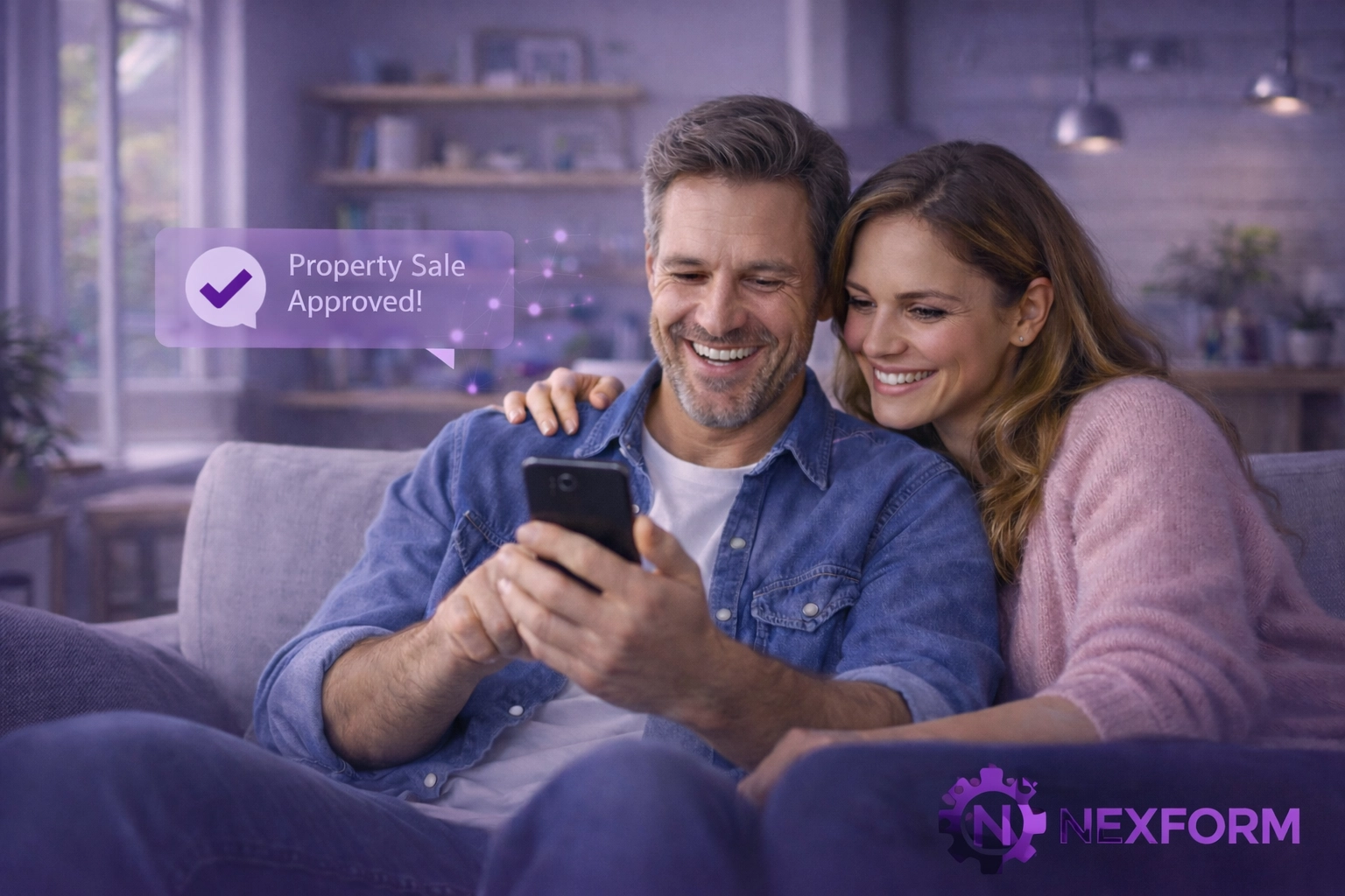 A happy couple at home checking a reassuring property sale update on their smartphone.