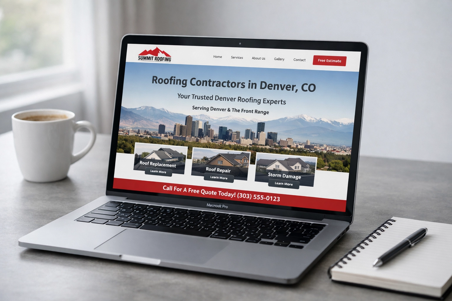 Roofing company website showing location-specific service pages and content