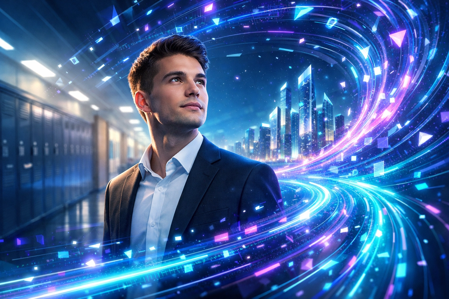 Futuristic talent funnel visualizing the bridge between high school education and Fortune 5000 corporate careers.