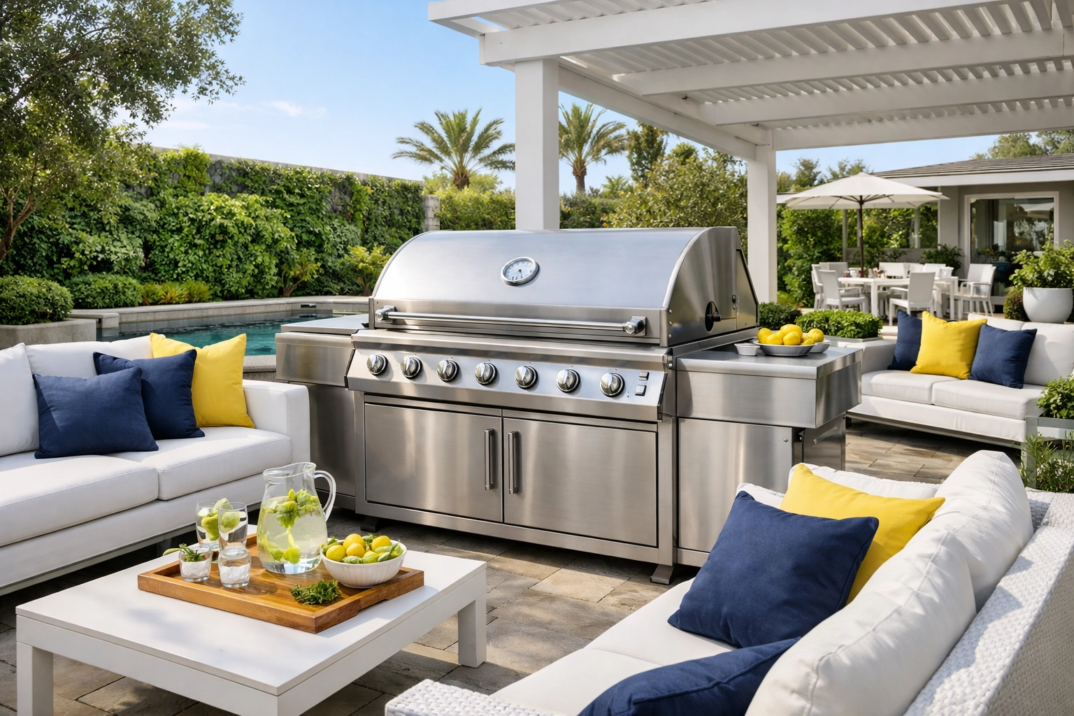 A pristine, professionally cleaned outdoor kitchen with a sparkling stainless steel grill and lounge.