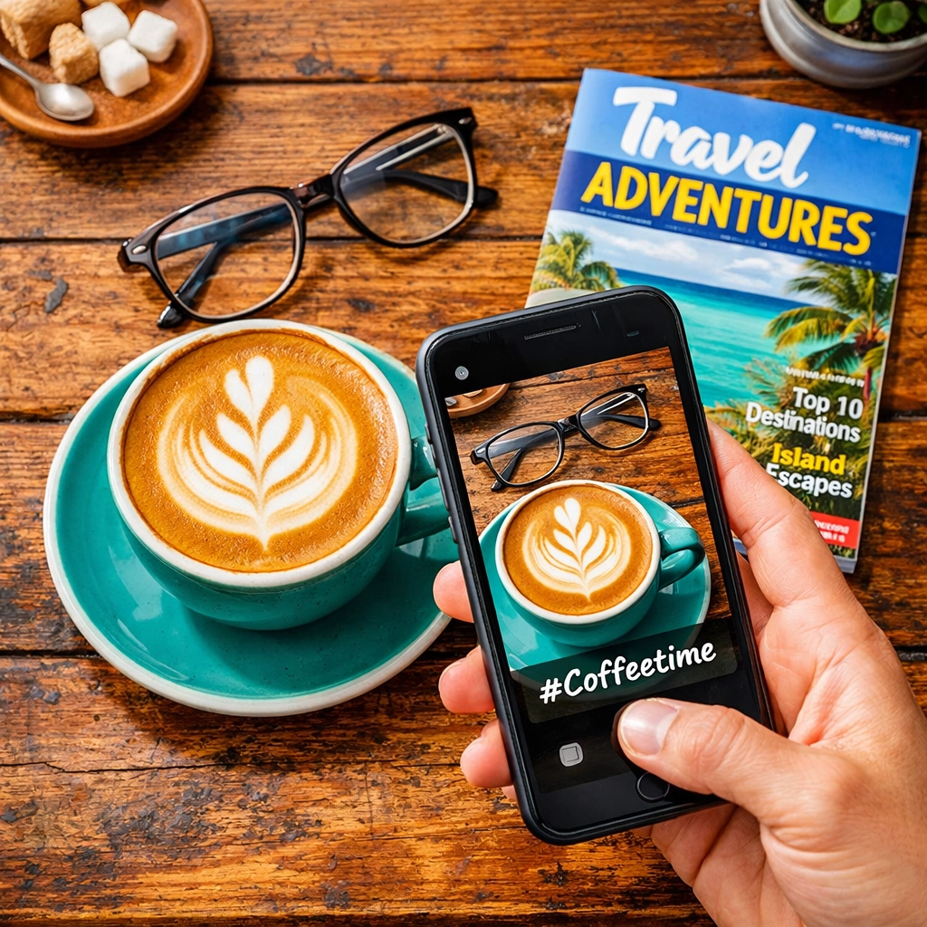 Taking a flat-lay photo for a branded hashtag challenge in a small business content marketing campaign.