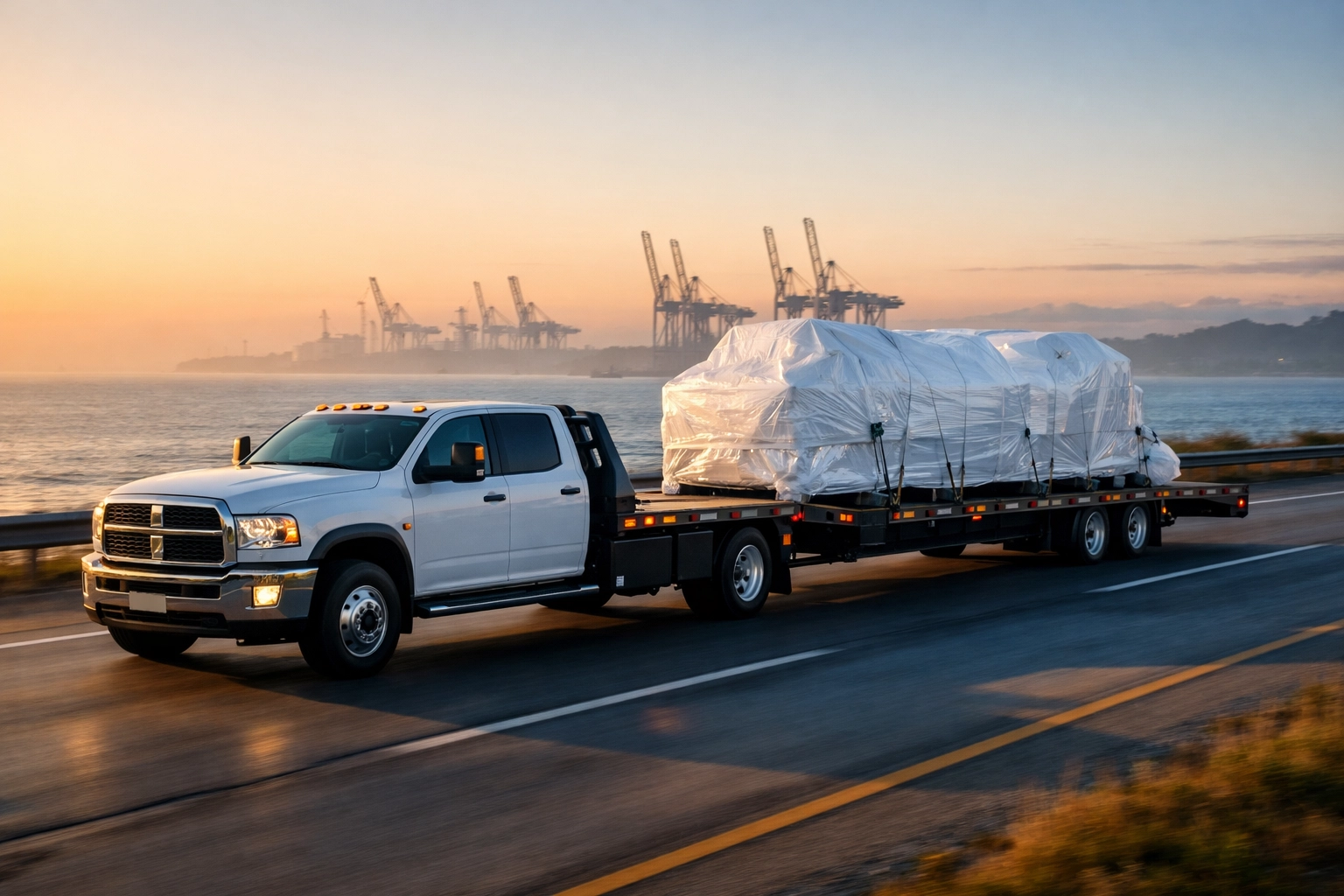 Express road freight truck delivering critical manufacturing equipment to bypass UK port congestion and backlogs.