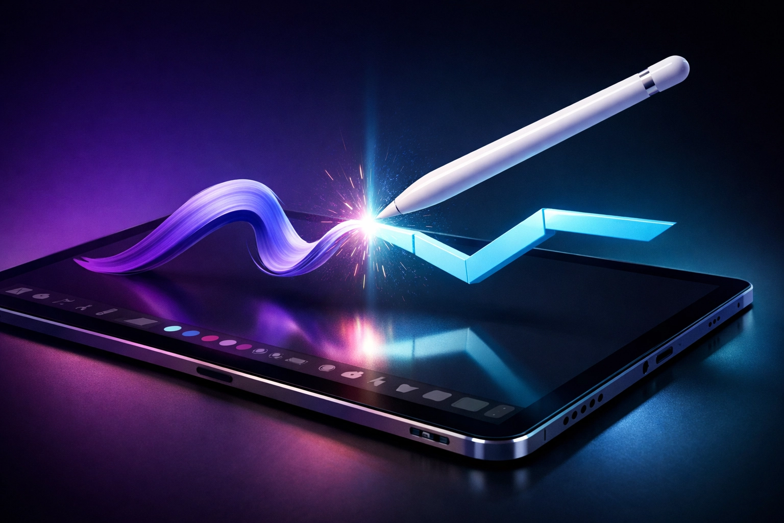 Procreate brushstroke transforming from organic curve to geometric straight line on iPad