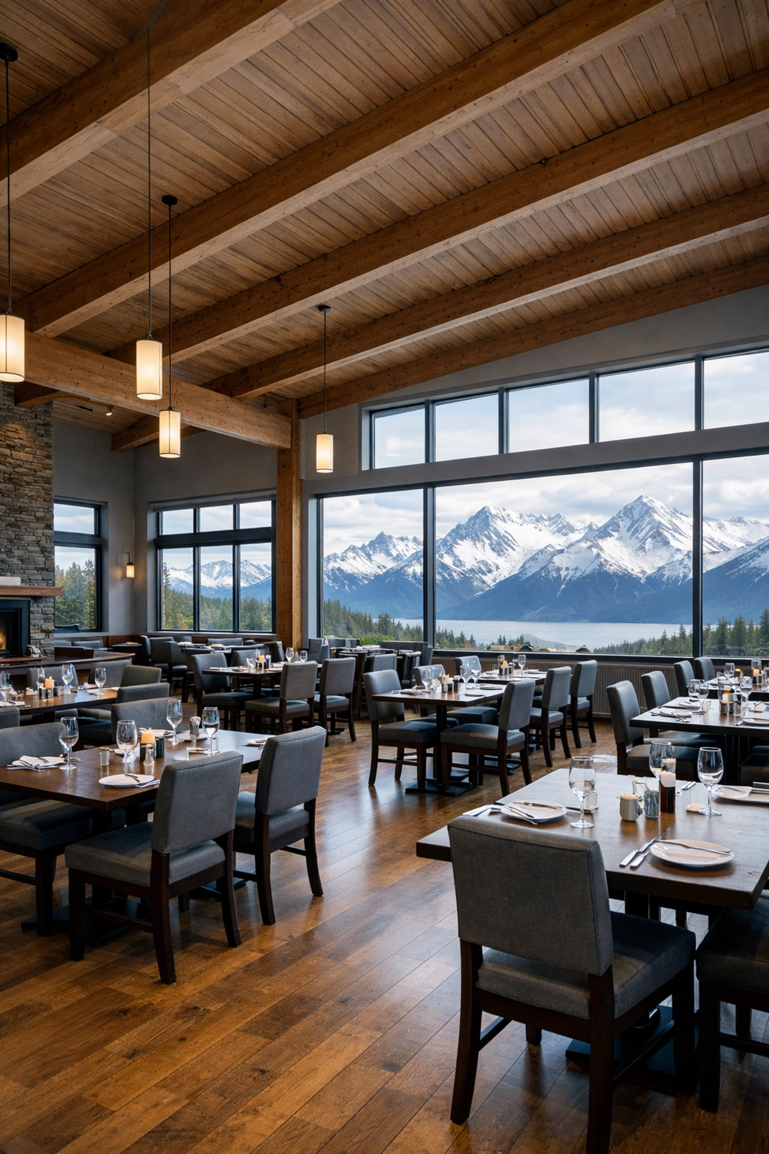 Modern restaurant dining room in Anchorage showing slip and fall hazard areas covered by business insurance Alaska.