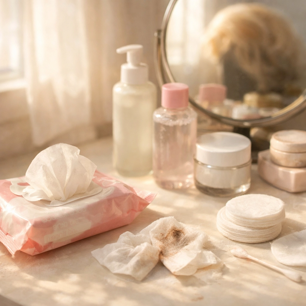 Drag performer's morning skincare routine with makeup remover and products on bathroom counter