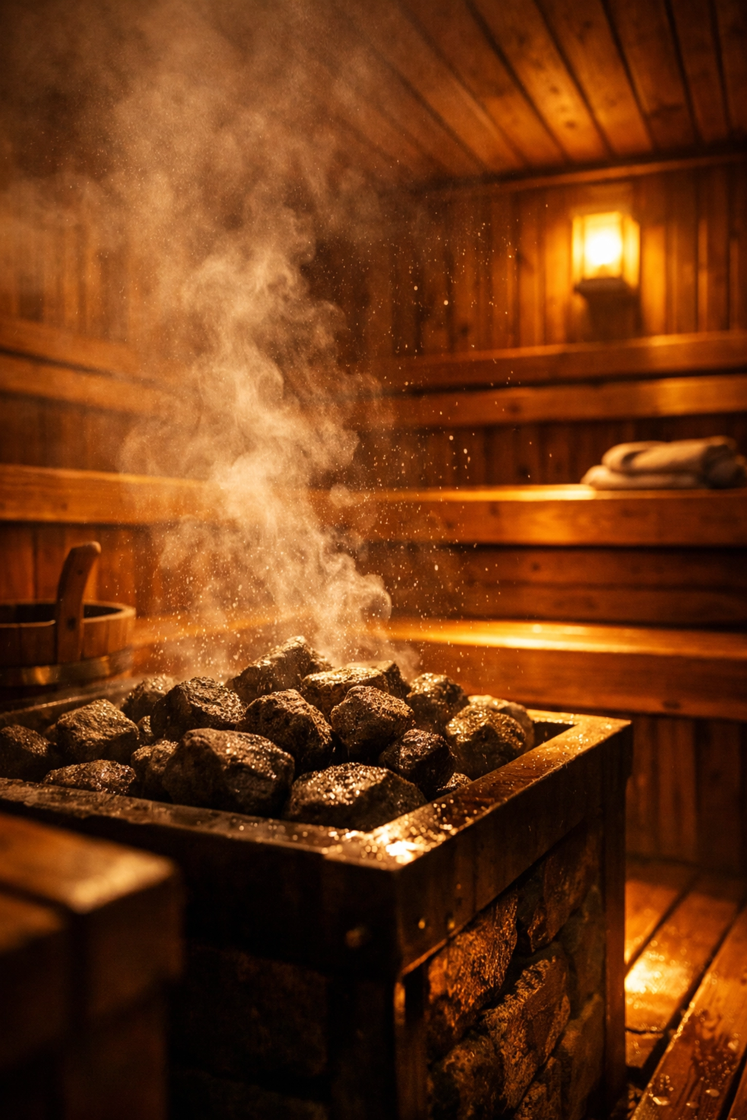 Traditional Finnish sauna interior in Helsinki with steam rising from hot stones and wooden benches