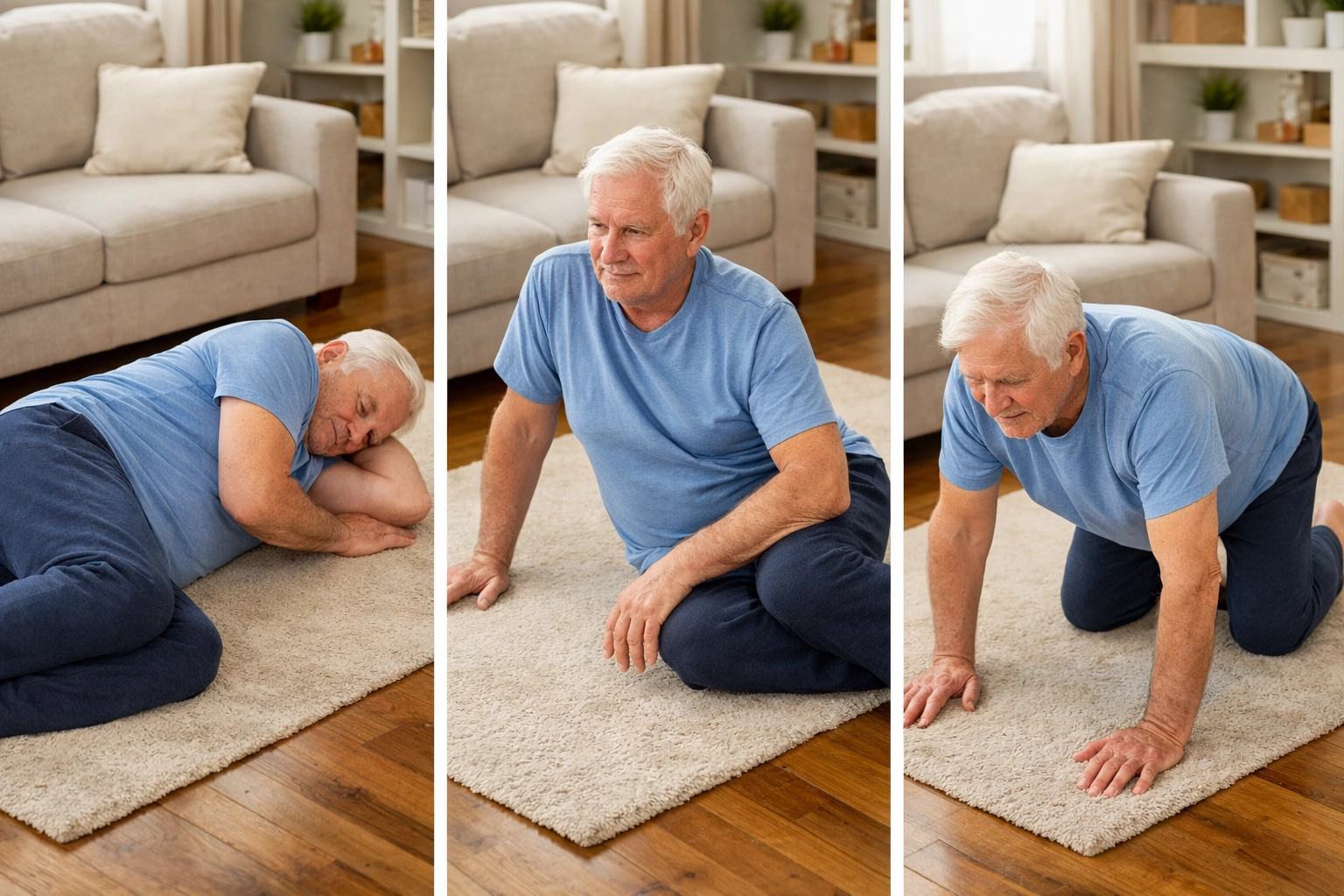Senior demonstrating progressive positions for getting up after a fall safely