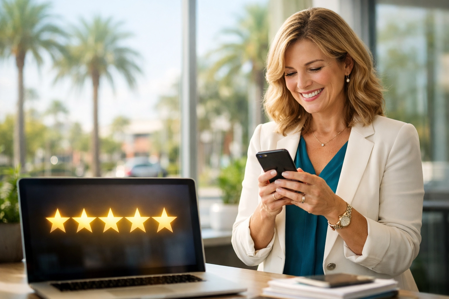 Venice FL local business owner checking high-star ratings to improve Google AI Maps recommendations.