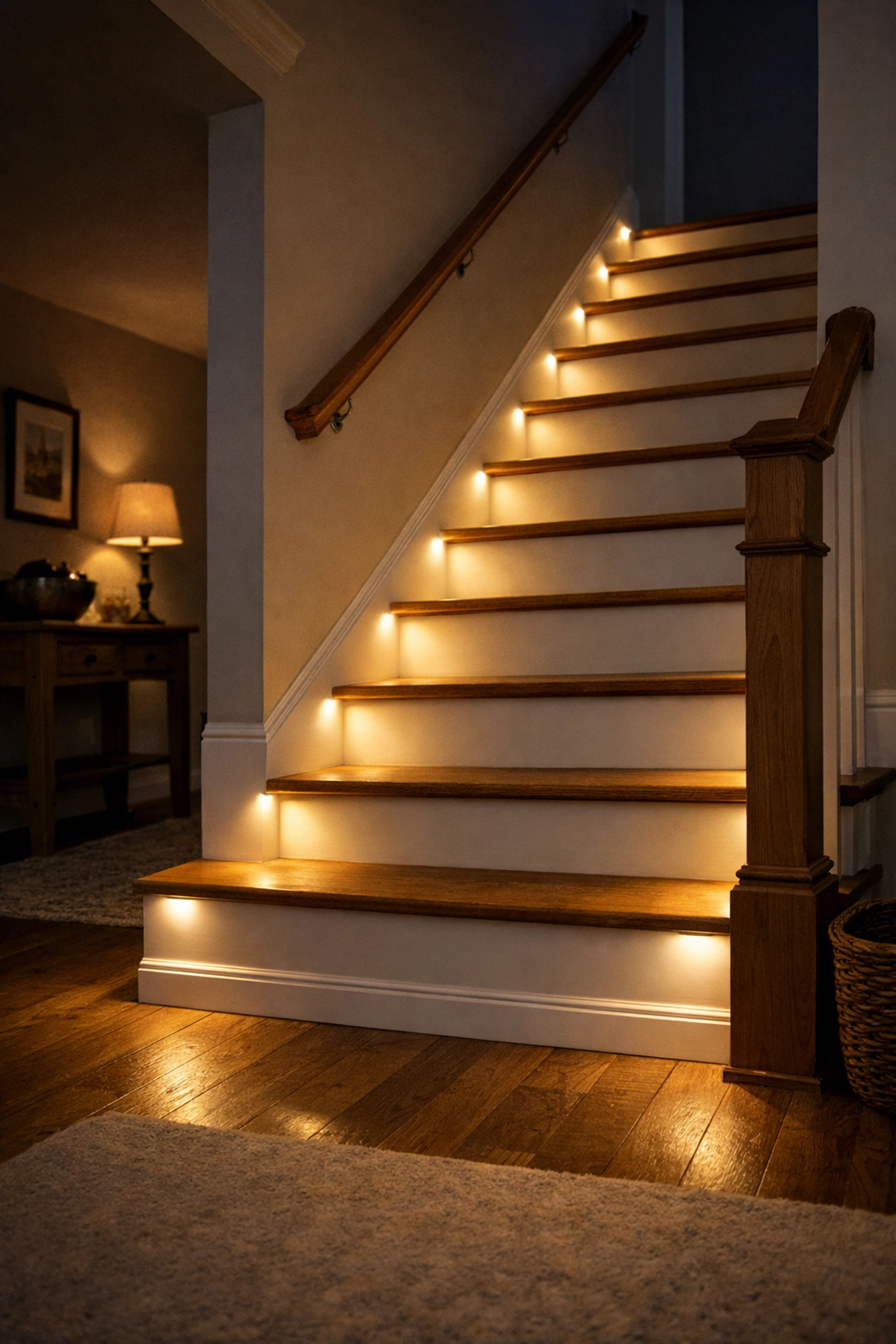 Motion-activated LED pathway lighting on stairs to eliminate shadows and prevent falls at night.