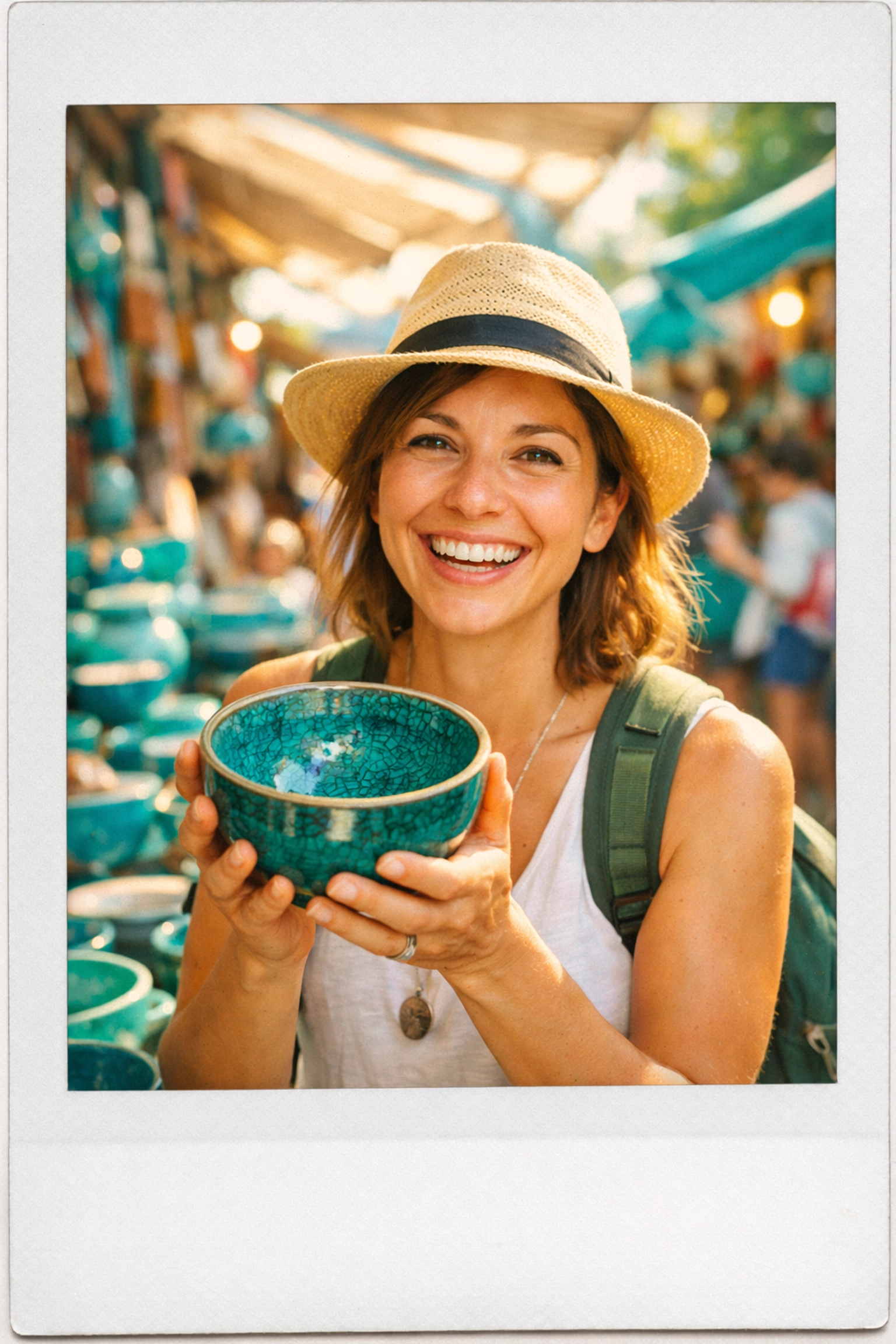 A person with a disability smiling while shopping independently at a vibrant local artisan market.