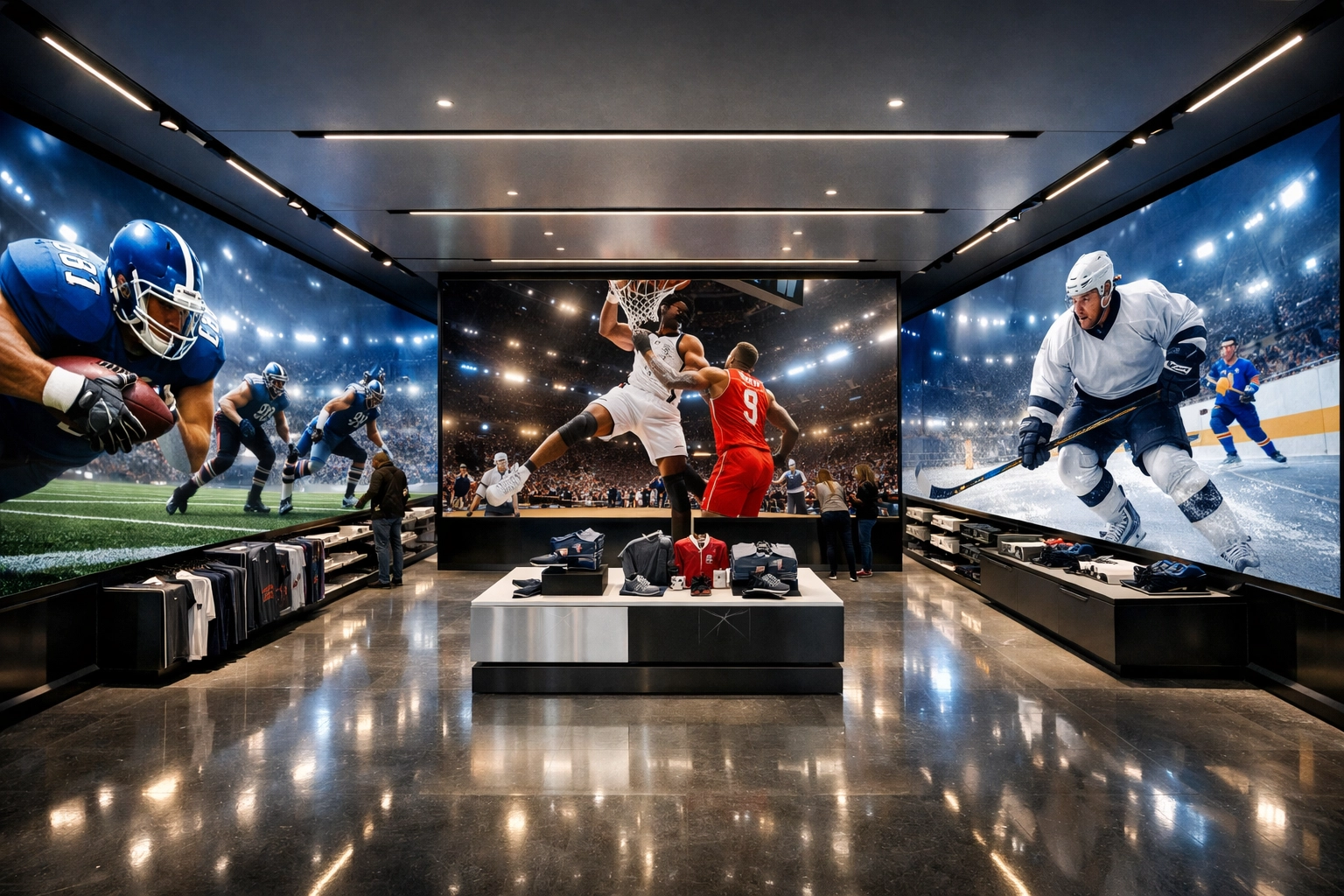 Immersive arena retail environment with floor-to-ceiling digital LED walls for brand activations.