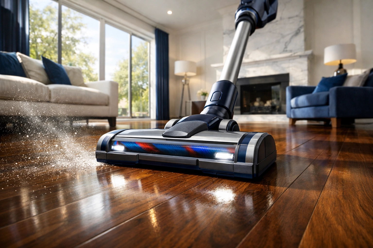 Professional vacuuming of hardwood floors using residential cleaning secrets to reduce allergens in Shrewsbury.