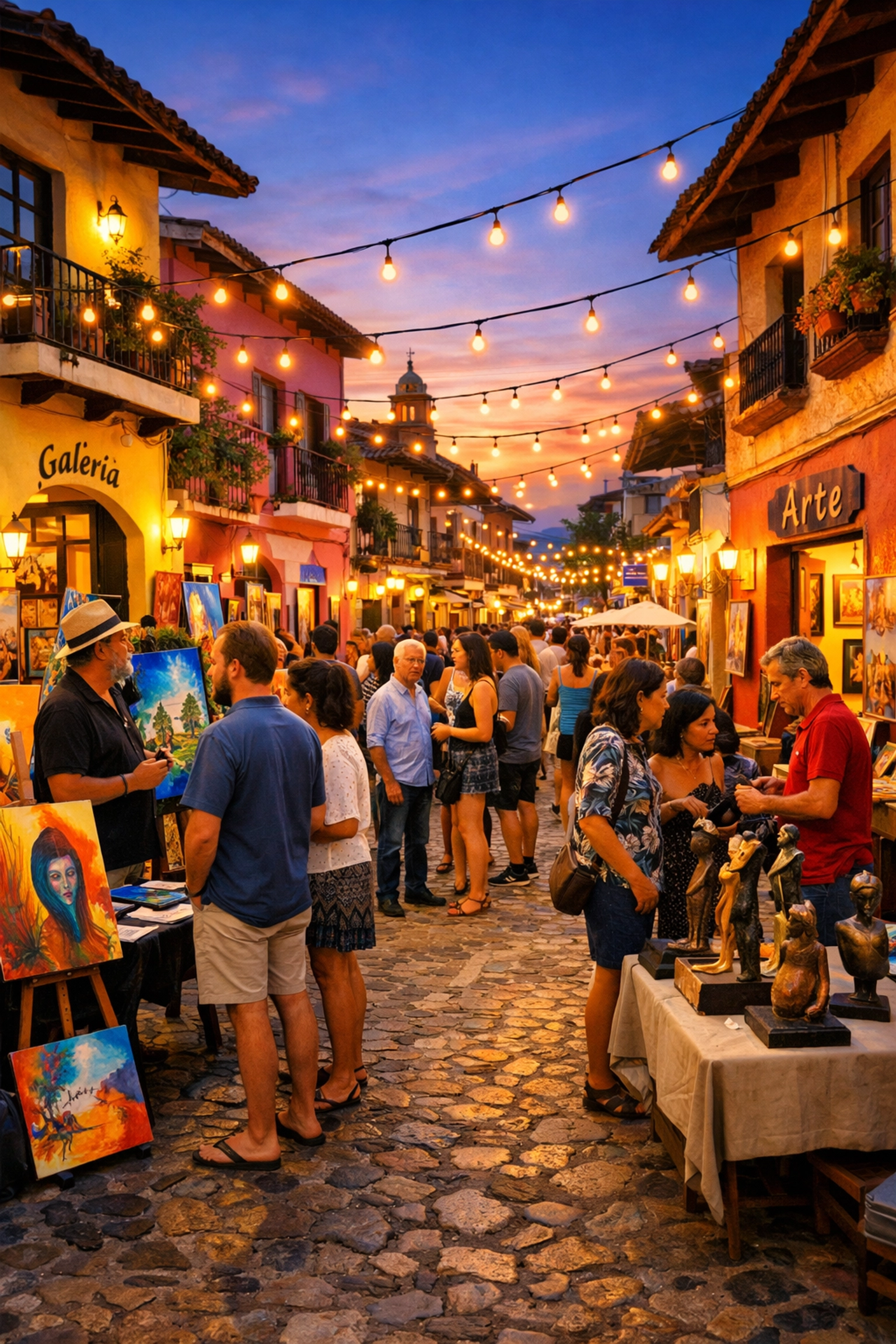 Old Town Puerto Vallarta art walk at dusk with galleries and artists