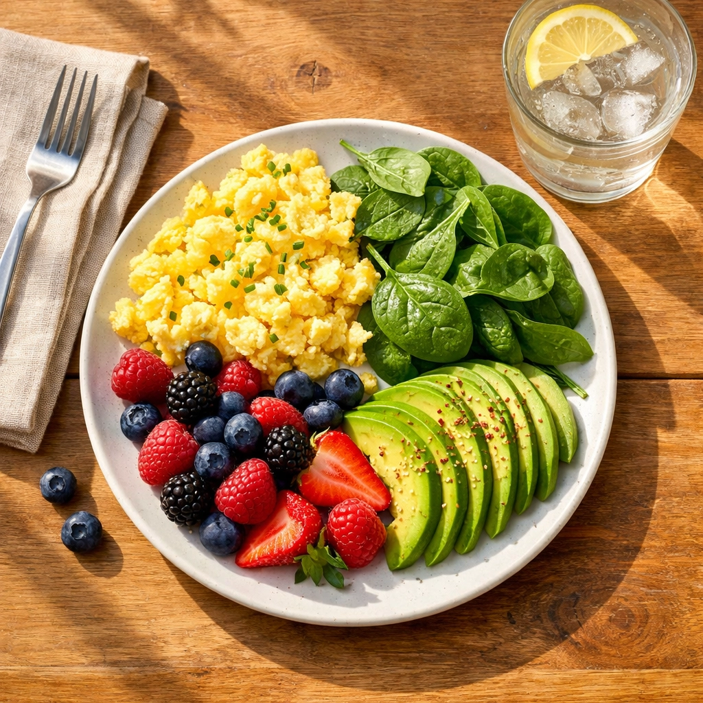 High-protein, high-fiber breakfast with eggs, spinach, avocado and berries for insulin resistance