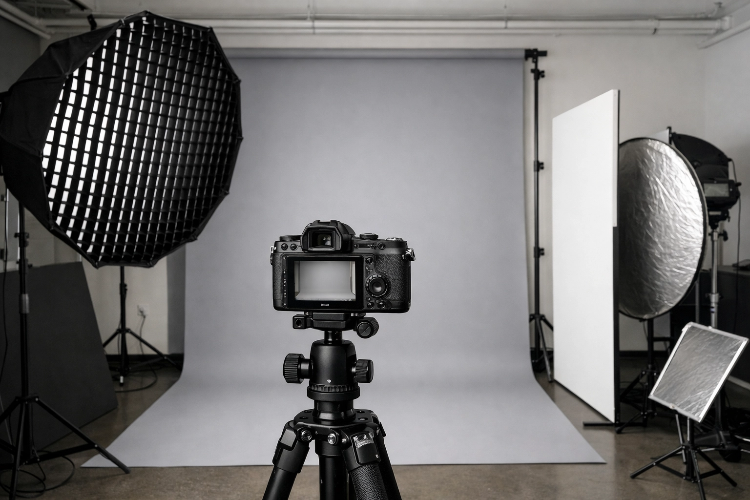 Professional corporate headshot tips illustrated by a photography studio lighting and camera setup.