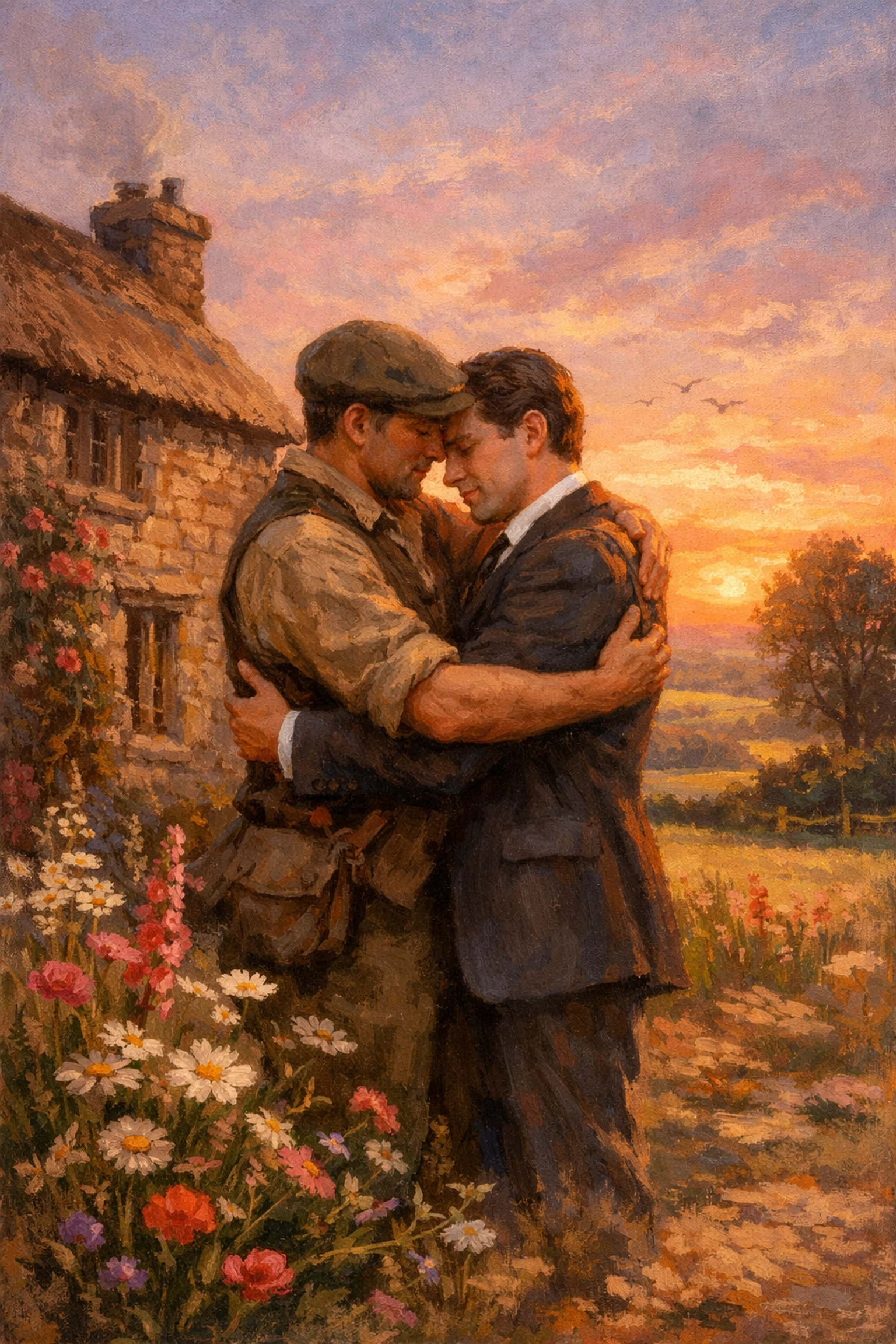 Maurice and Alec's happy ending embrace in countryside from E.M. Forster's groundbreaking gay novel
