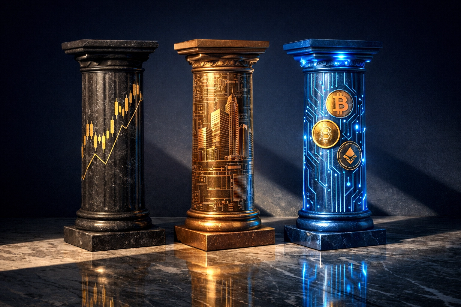 Three pillars representing diversified wealth management: traditional assets, real estate, and digital investments