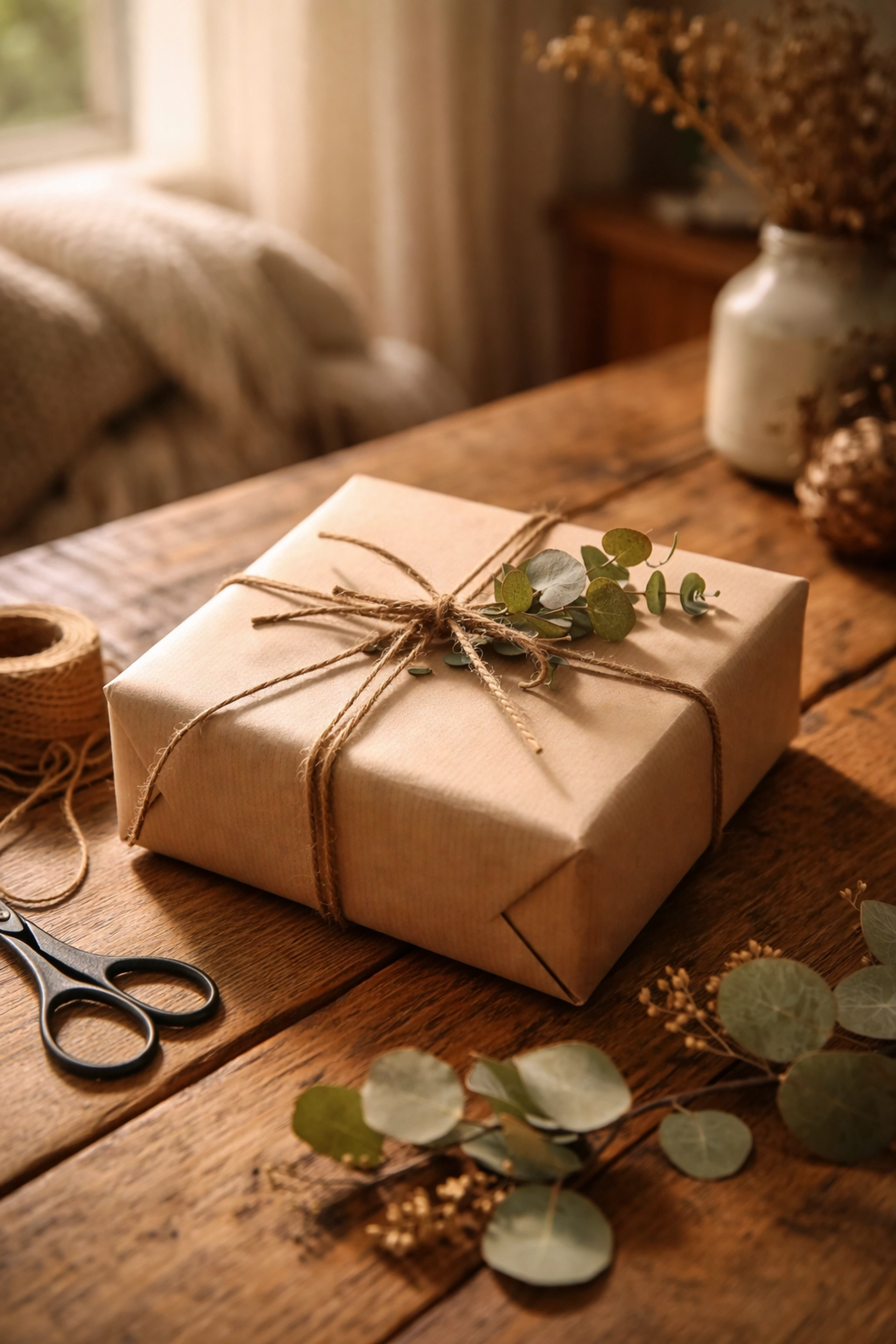 Beautifully wrapped handmade gift with kraft paper and twine on a rustic farmhouse table for host appreciation