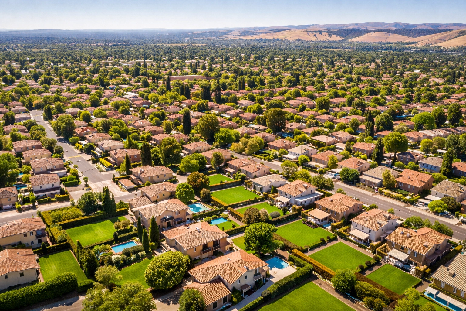 Aerial view of Sacramento neighborhoods with vibrant artificial turf lawns and Citrus Heights highlighted