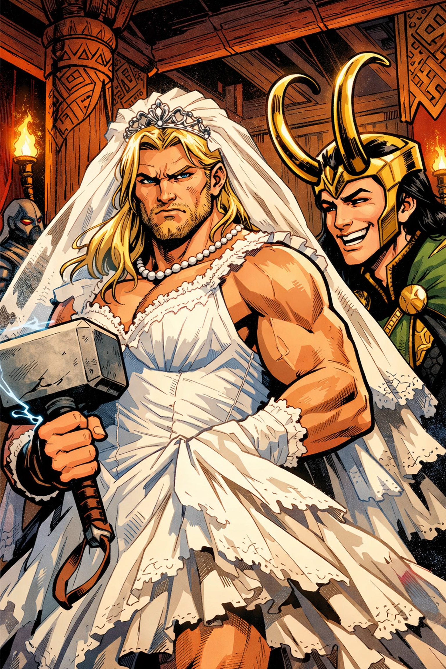 Thor cross-dressing in bridal attire with Loki, Norse mythology gender play