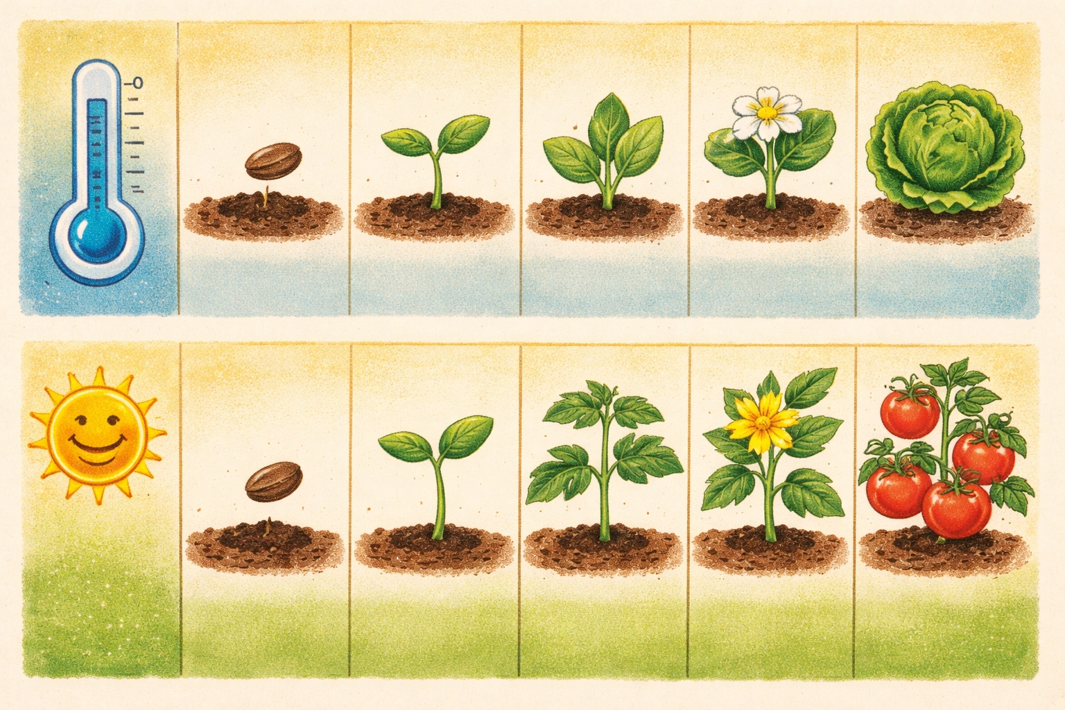 Whimsical 1950s-style storybook illustration of a “planting chart” made of blank squares with simple garden icons (seed, sprout, leaf) and a friendly flat thermometer, no text.