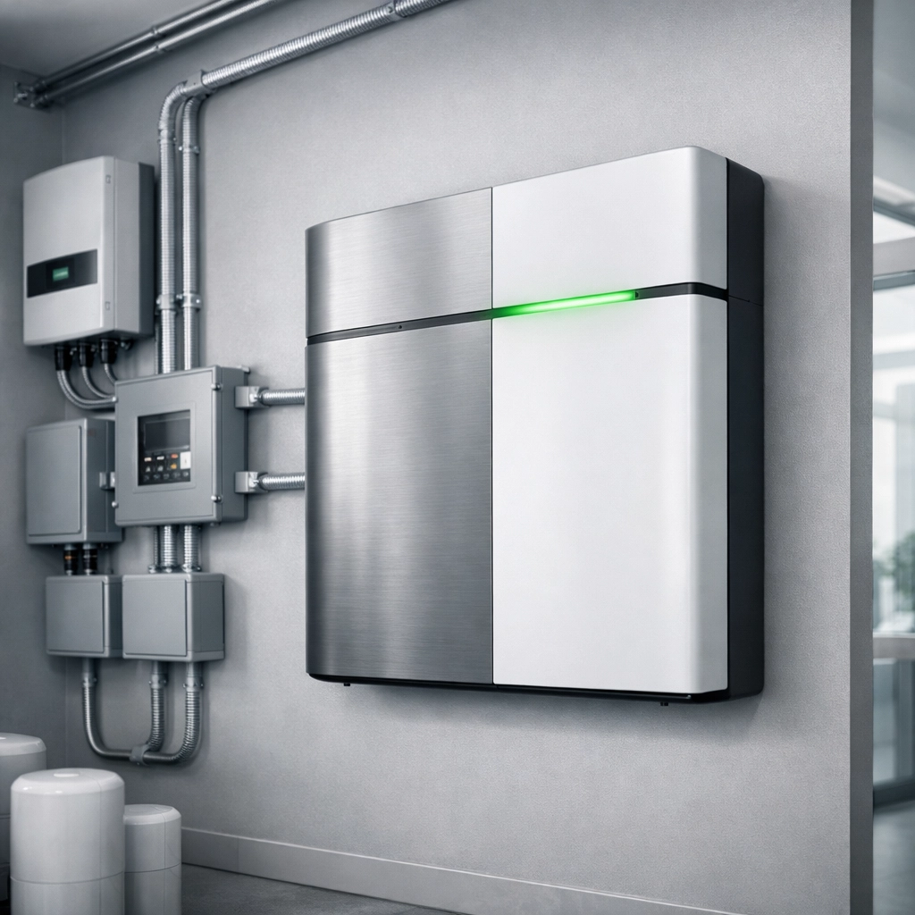 Sleek wall-mounted commercial battery storage system for optimizing business solar power usage.