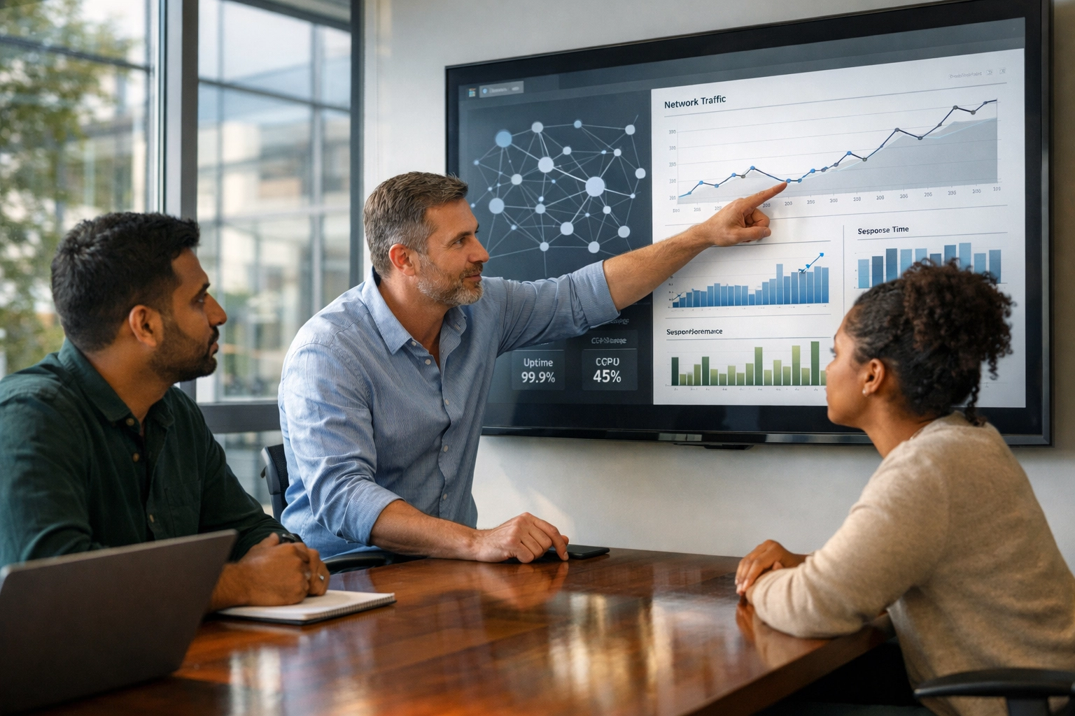 IT professionals analyzing a dashboard to optimize ITOM ROI and CMDB accuracy during a ServiceNow project.