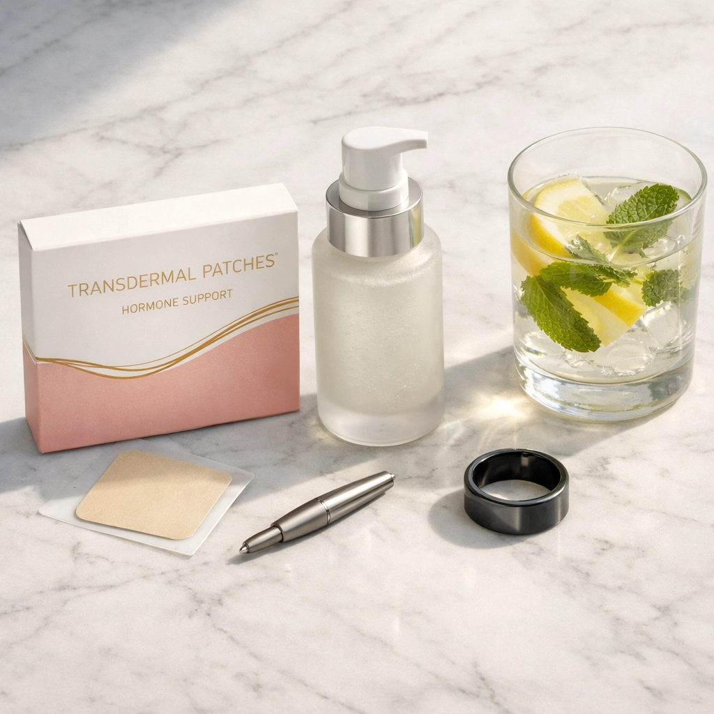 Modern Hormone Replacement Therapy delivery methods including gels and transdermal patches for a daily wellness routine.