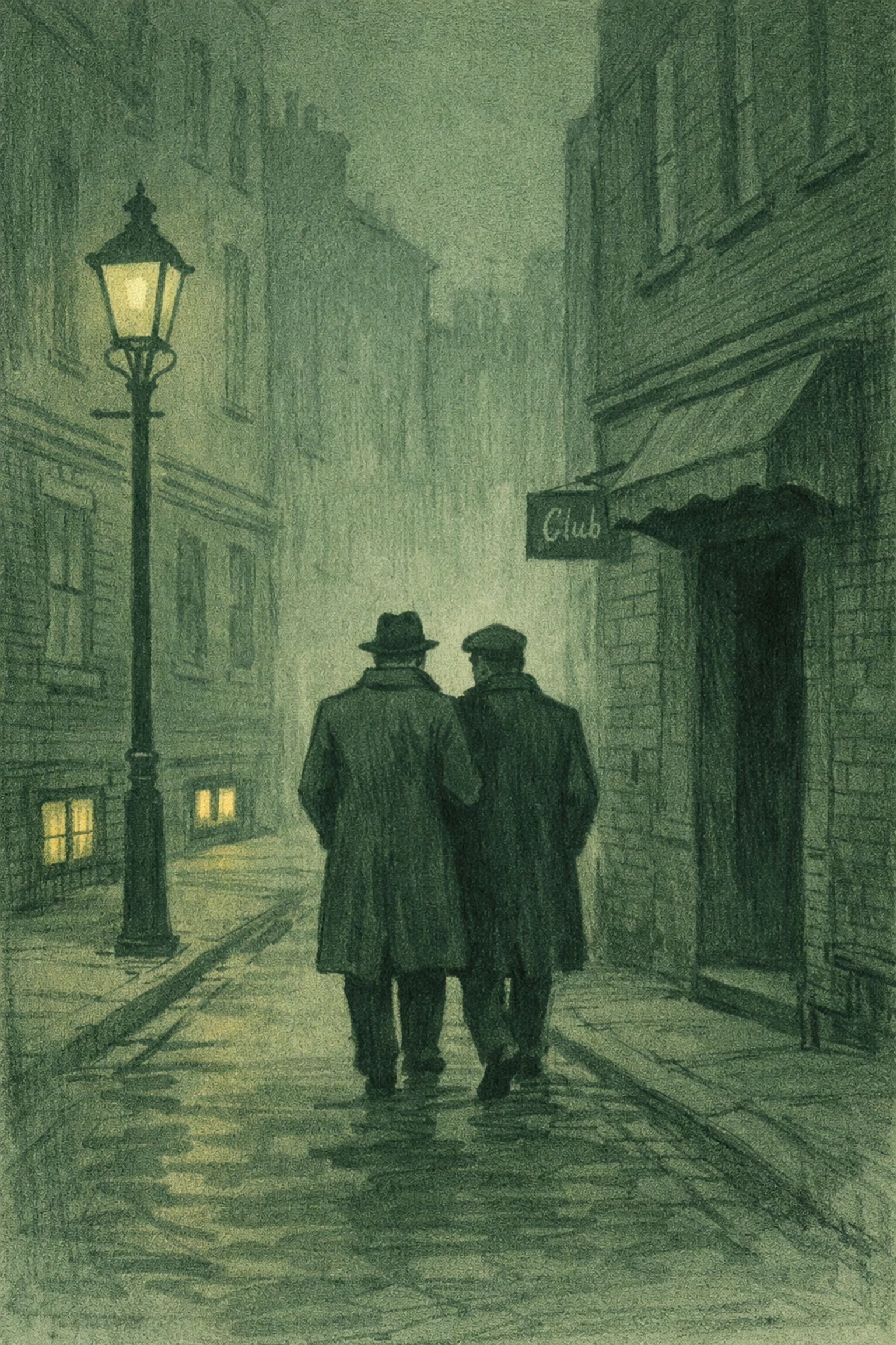 Gay men walking through foggy Soho streets near hidden queer club, 1950s London