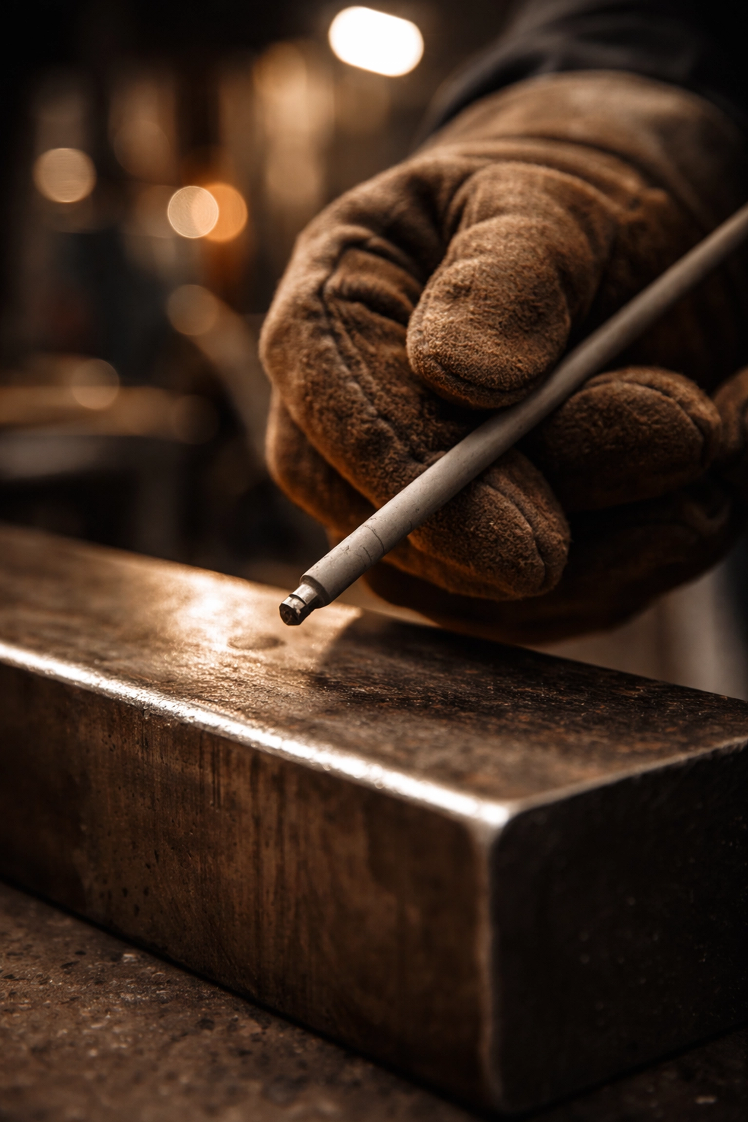 Close-up of gloved hands holding a flux-coated MMA welding electrode above steel, showing setup technique.