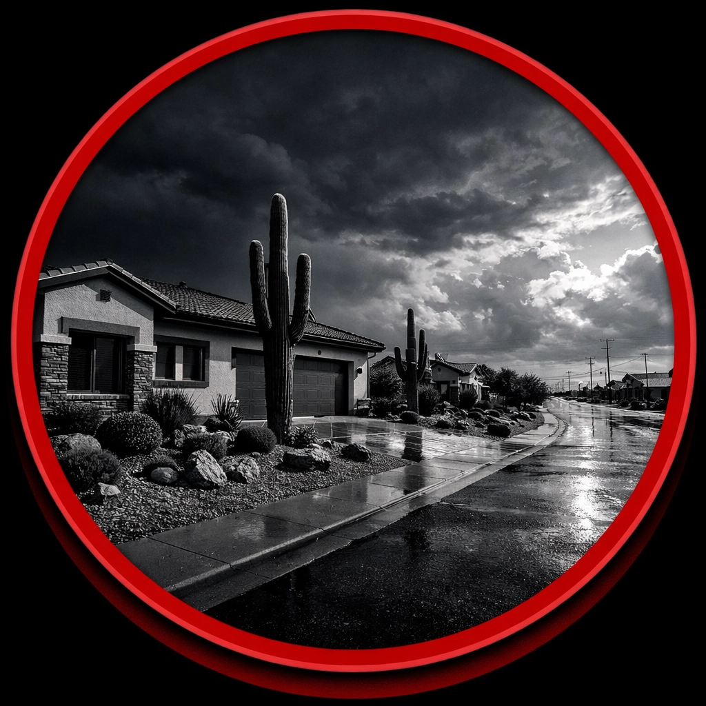 Modern Coolidge AZ home with desert landscaping and cacti under a stormy monsoon sky.