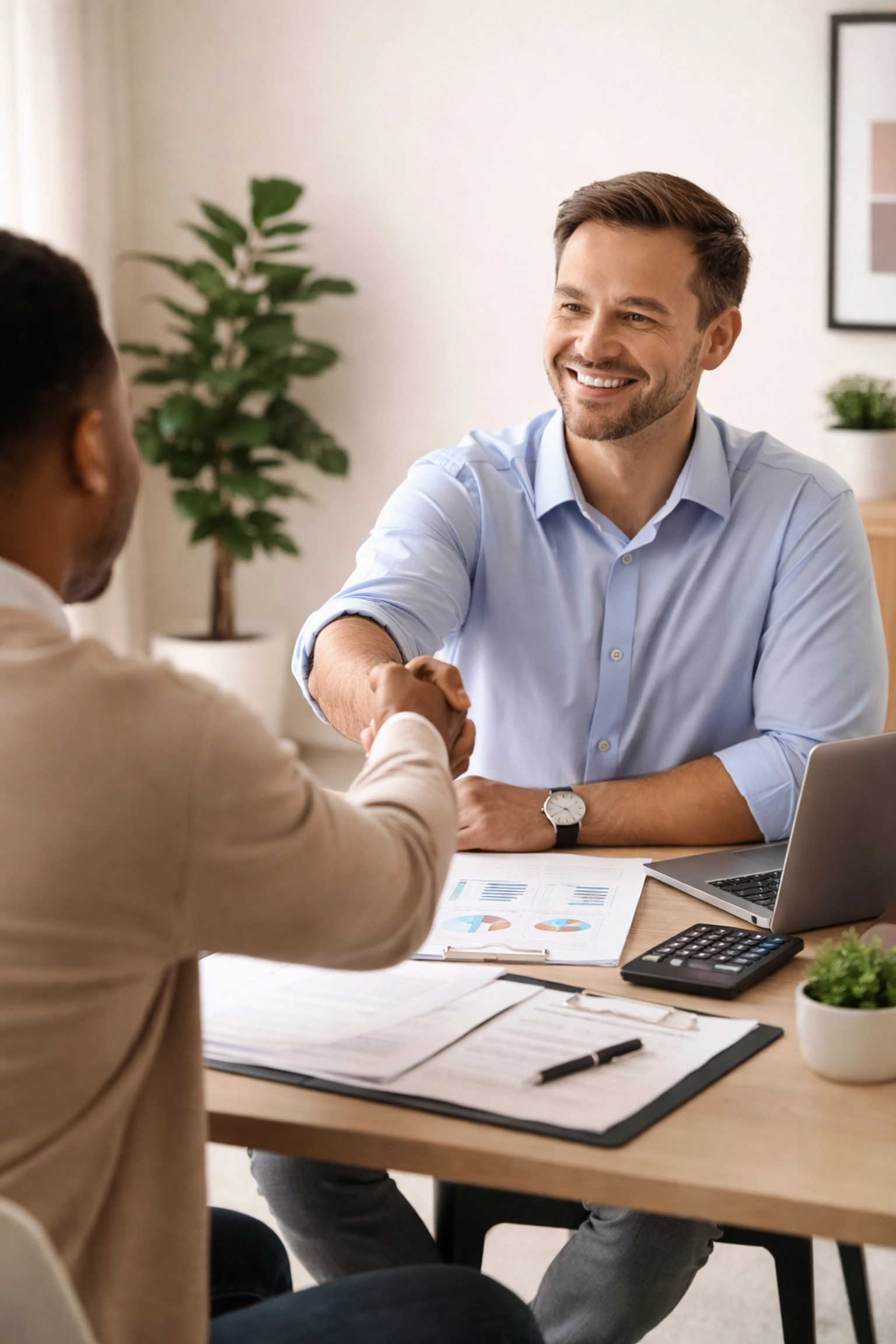 Financial advisor and client shaking hands after successful credit repair agreement