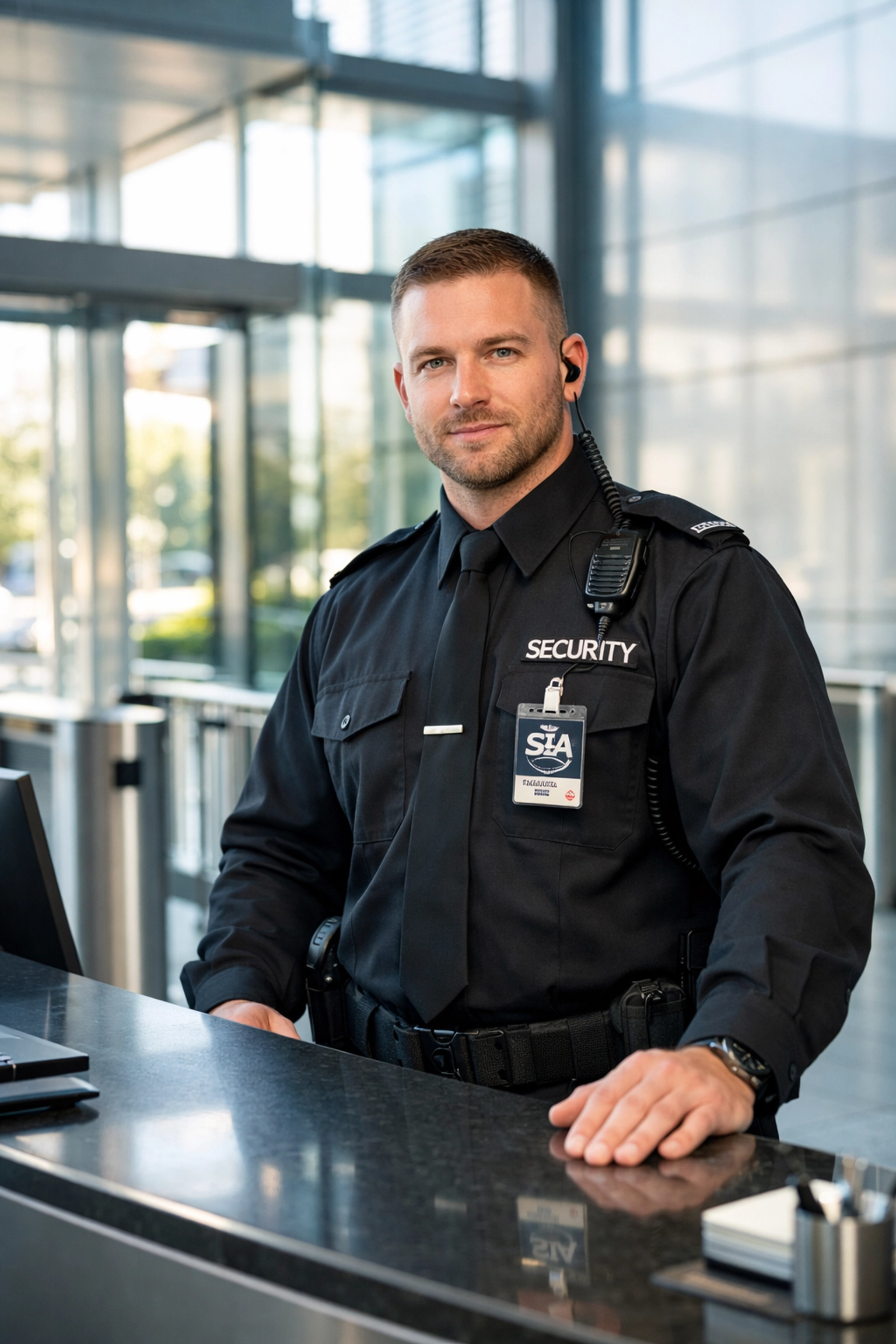 SIA licensed security officer providing manned guarding at a corporate reception desk in London.
