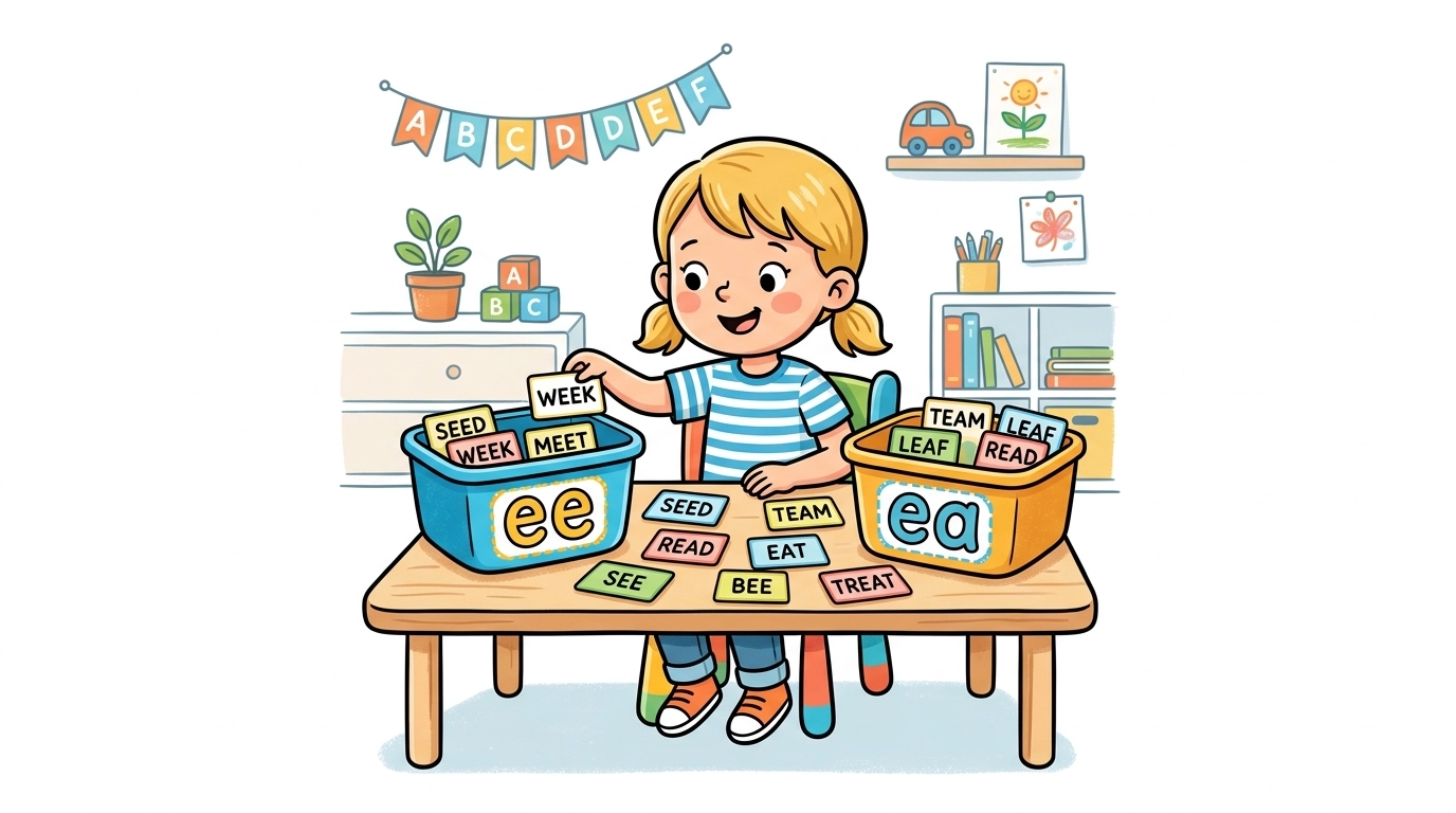 A child sorting words into ee and ea bins