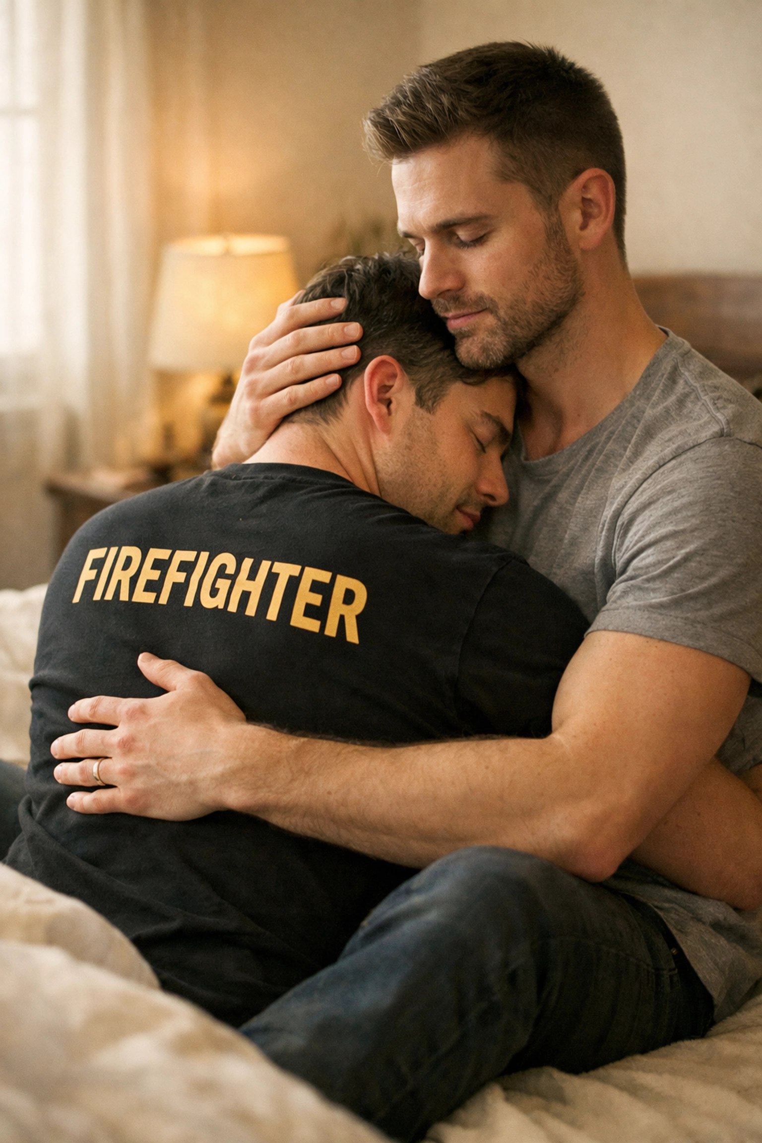 Gay couple embracing as firefighter receives emotional support from partner - MM romance theme