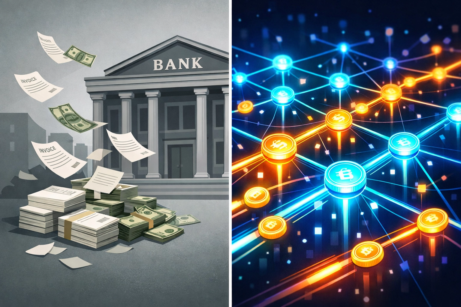 Traditional bank fees vs blockchain crypto payment network comparison illustration