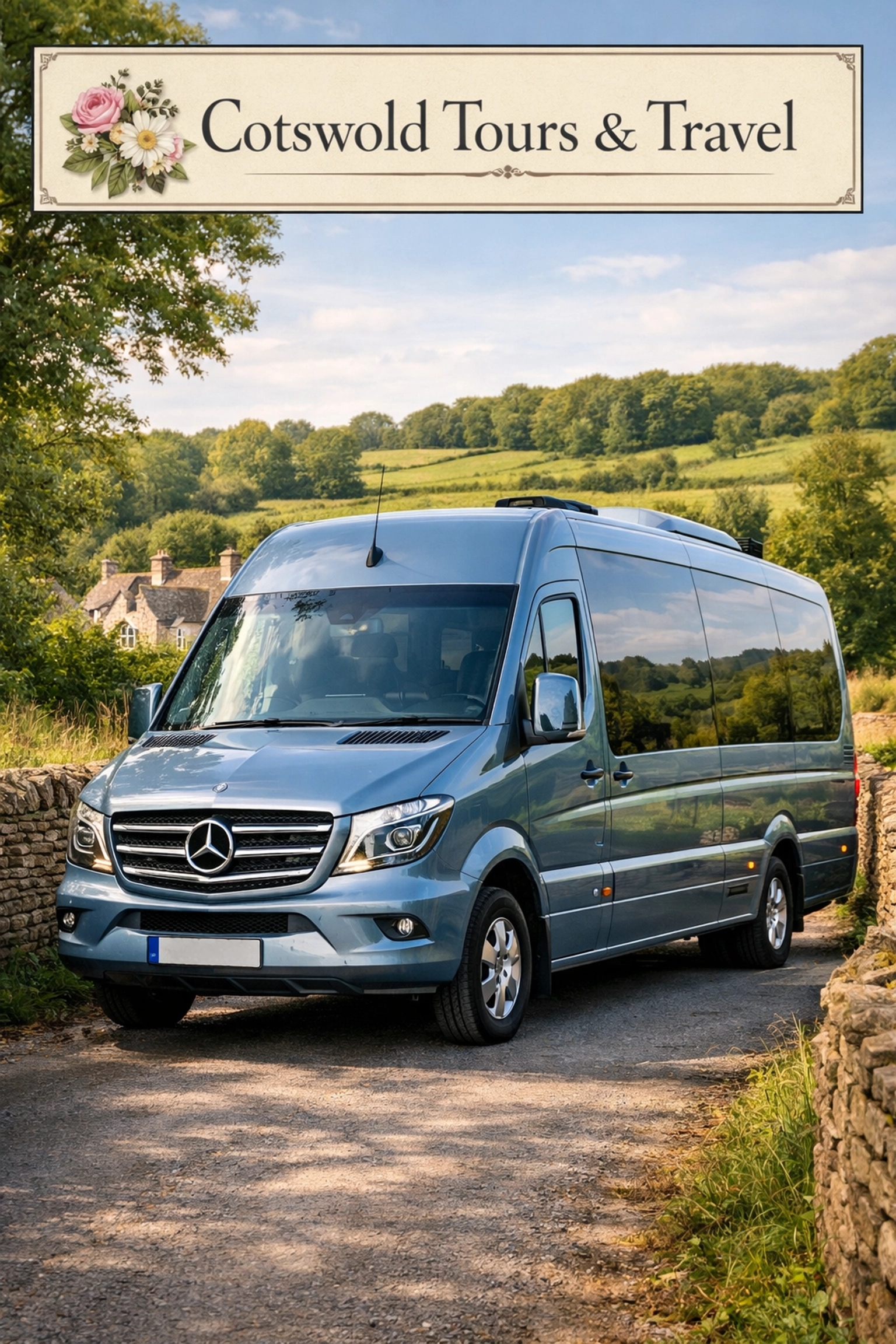 Luxury silver blue Mercedes minibus used for small group tours through the scenic Cotswolds countryside.