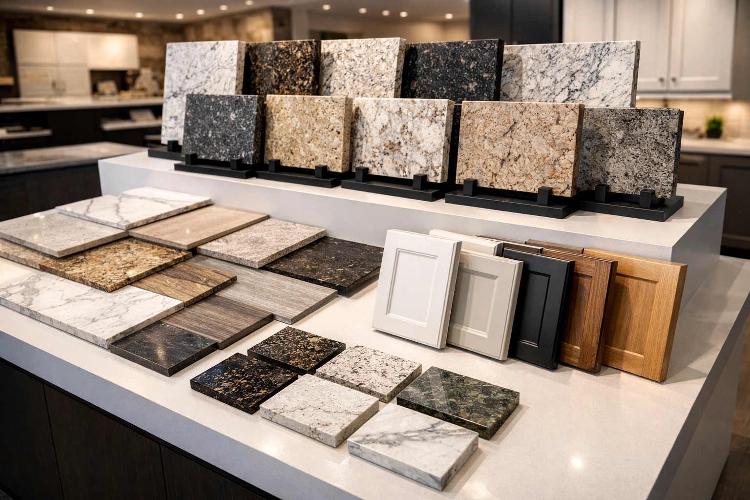 Design center display showing granite countertops and flooring upgrade options for new homes