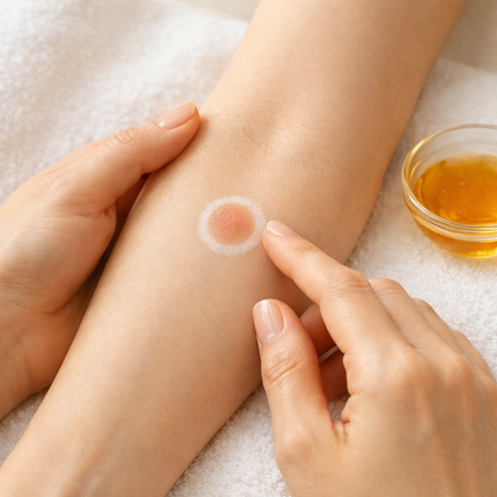 Woman's forearm showing bee venom allergy patch test area for safe apitherapy
