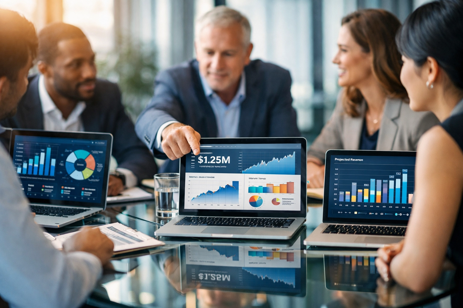 Business executives reviewing ServiceNow implementation ROI projections and cost savings analysis