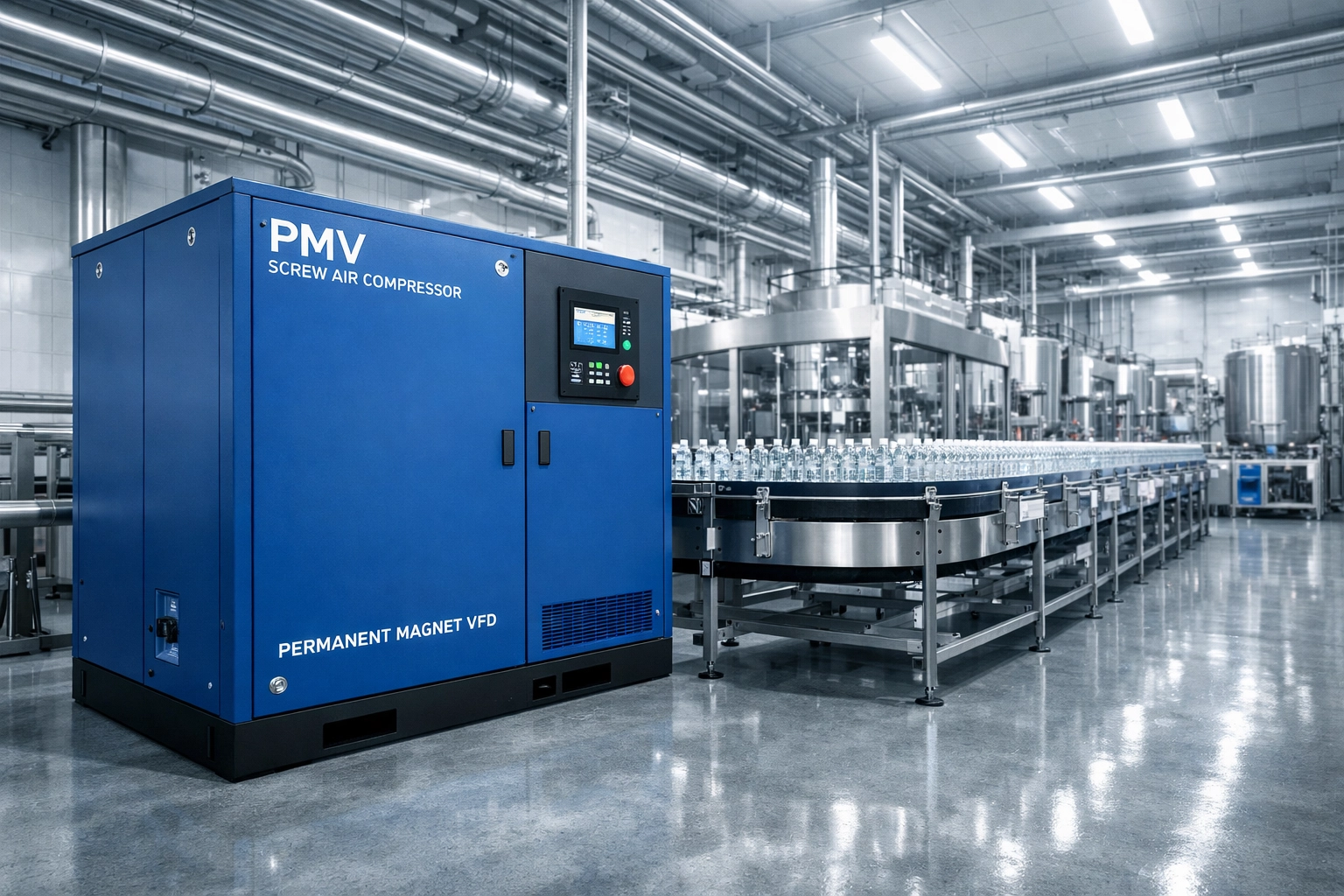 Industrial PMV screw air compressor providing oil-free air for food and beverage processing systems.