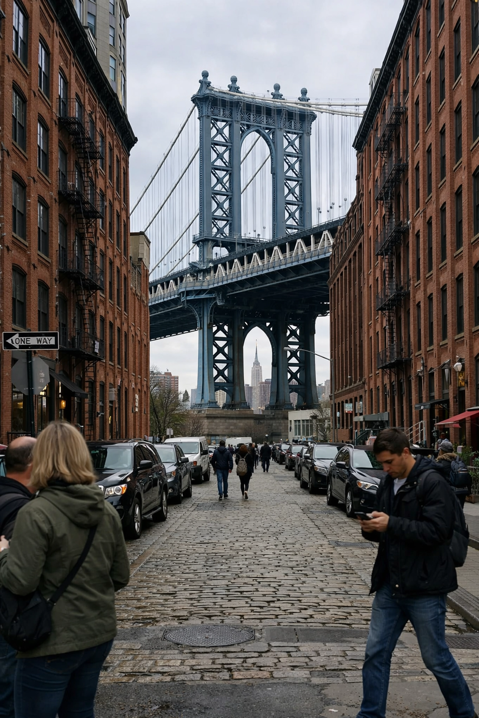 The Manhattan Bridge framed by DUMBO buildings, a famous destination for NYC photo spots.